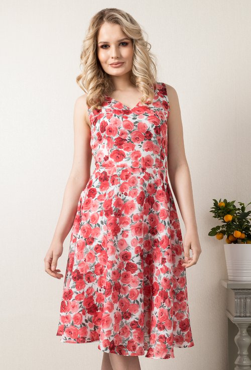 Rochie Din Matase Alba Cu Imprimeu Floral Rosu Tiffany Dasha Ro