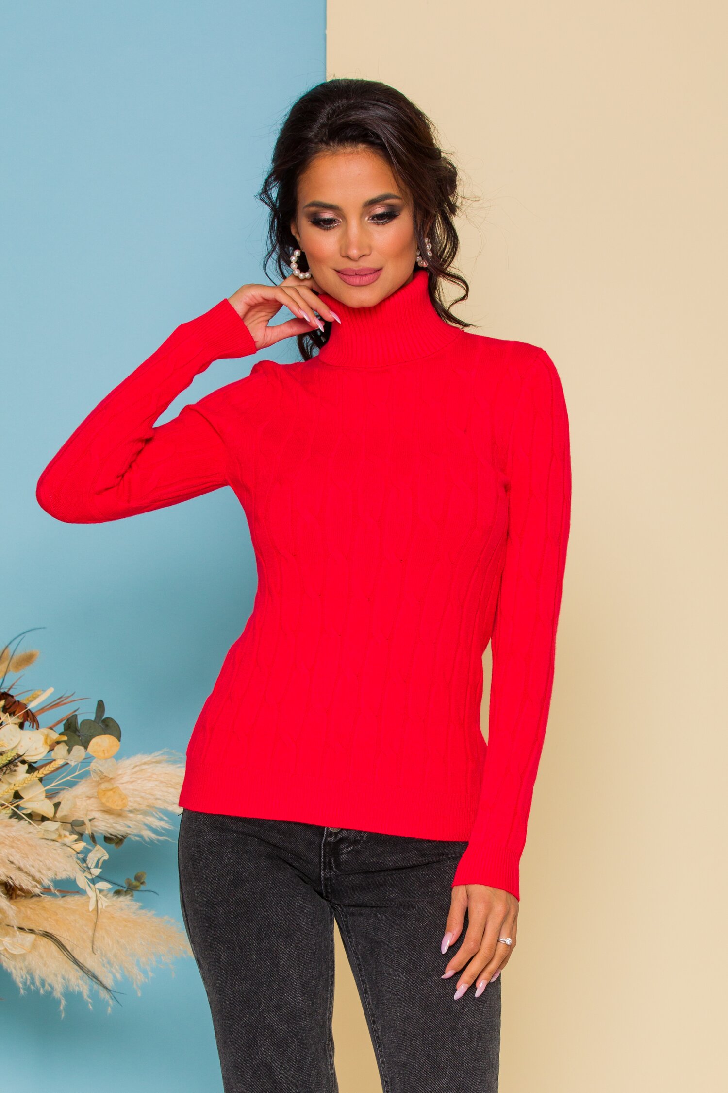 Bluza Alia rosie din tricot cu model in relief