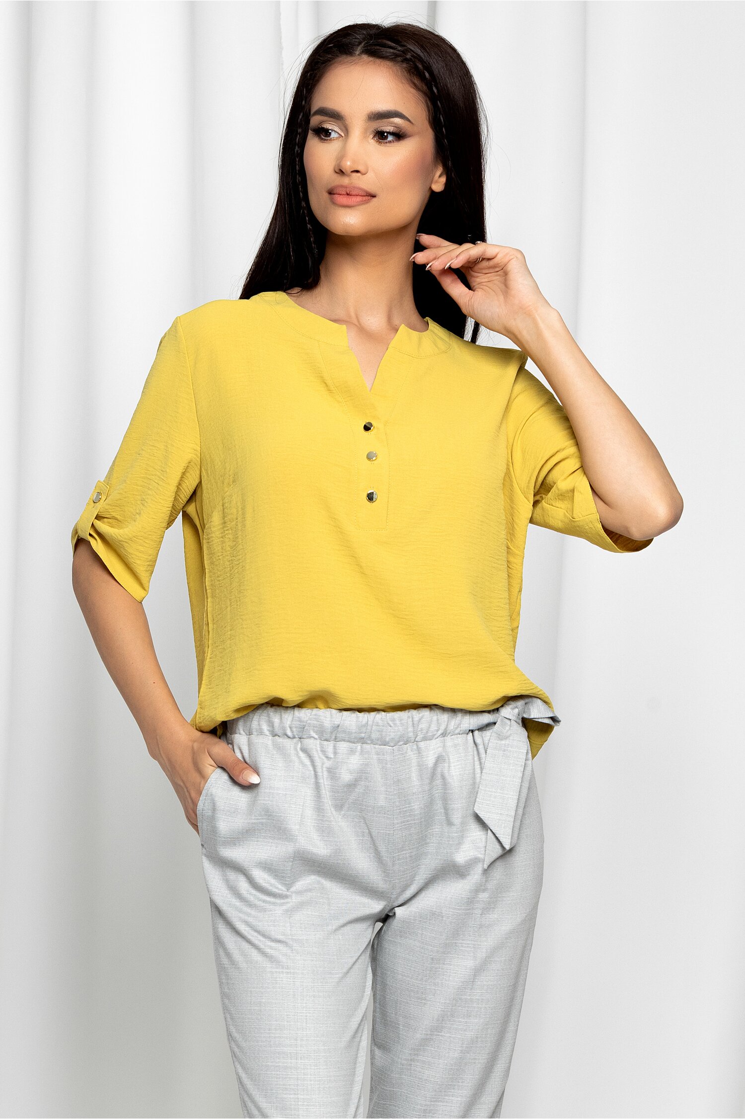 Bluza caterina galben mustar cu maneci scurte prinse cu nasturi