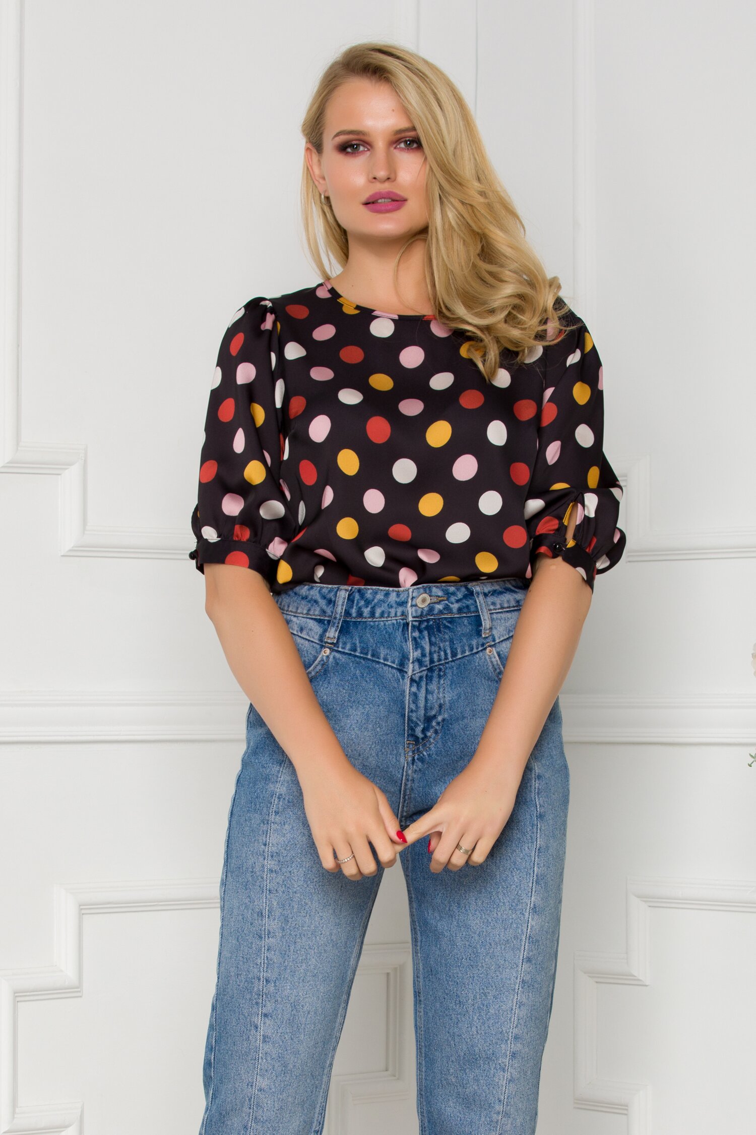 Bluza Fleur neagra cu buline maxi imprimate