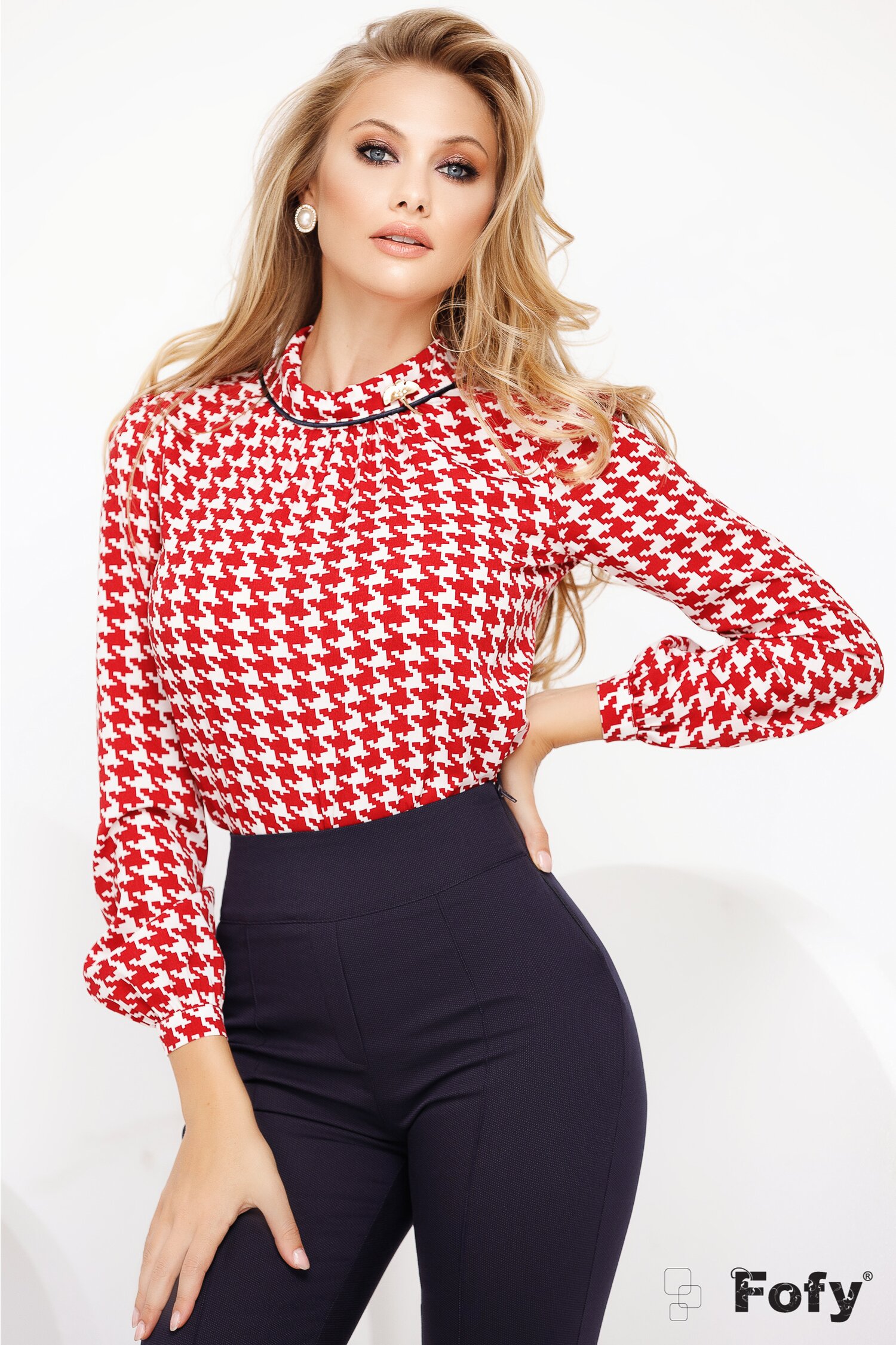 Bluza Fofy rosie cu imprimeu pied du coq si guler sal