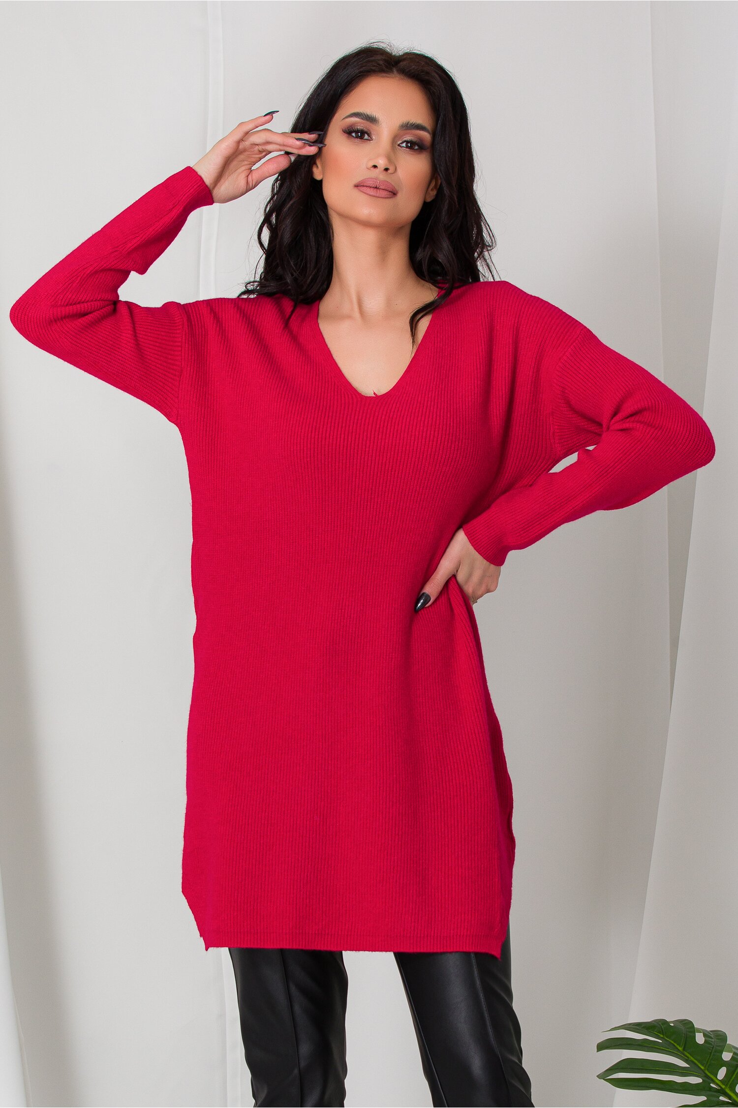 Bluza lunga Samira rosie din tricot