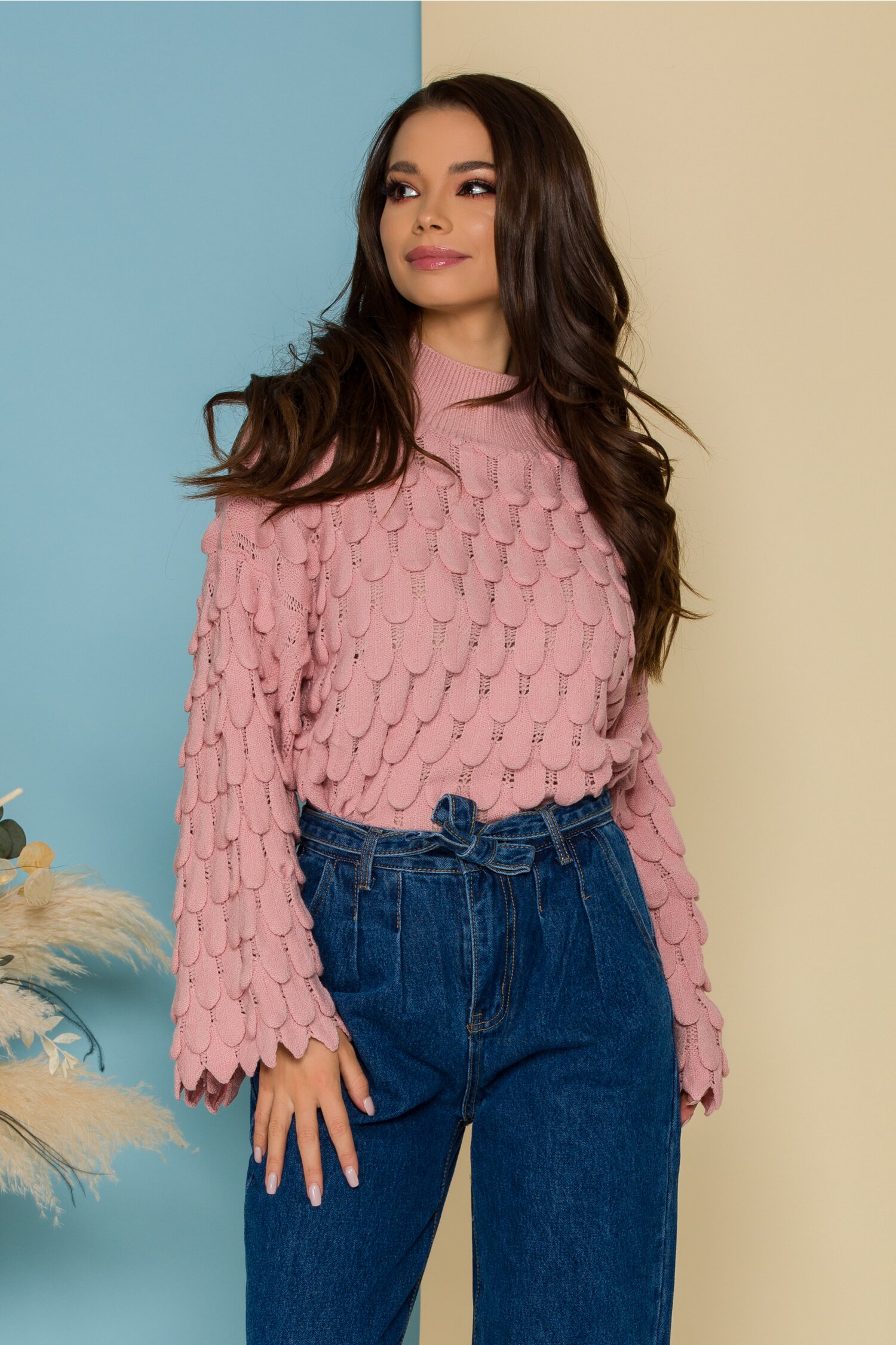 Bluza Meize roz prafuit tricotata cu design deosebit