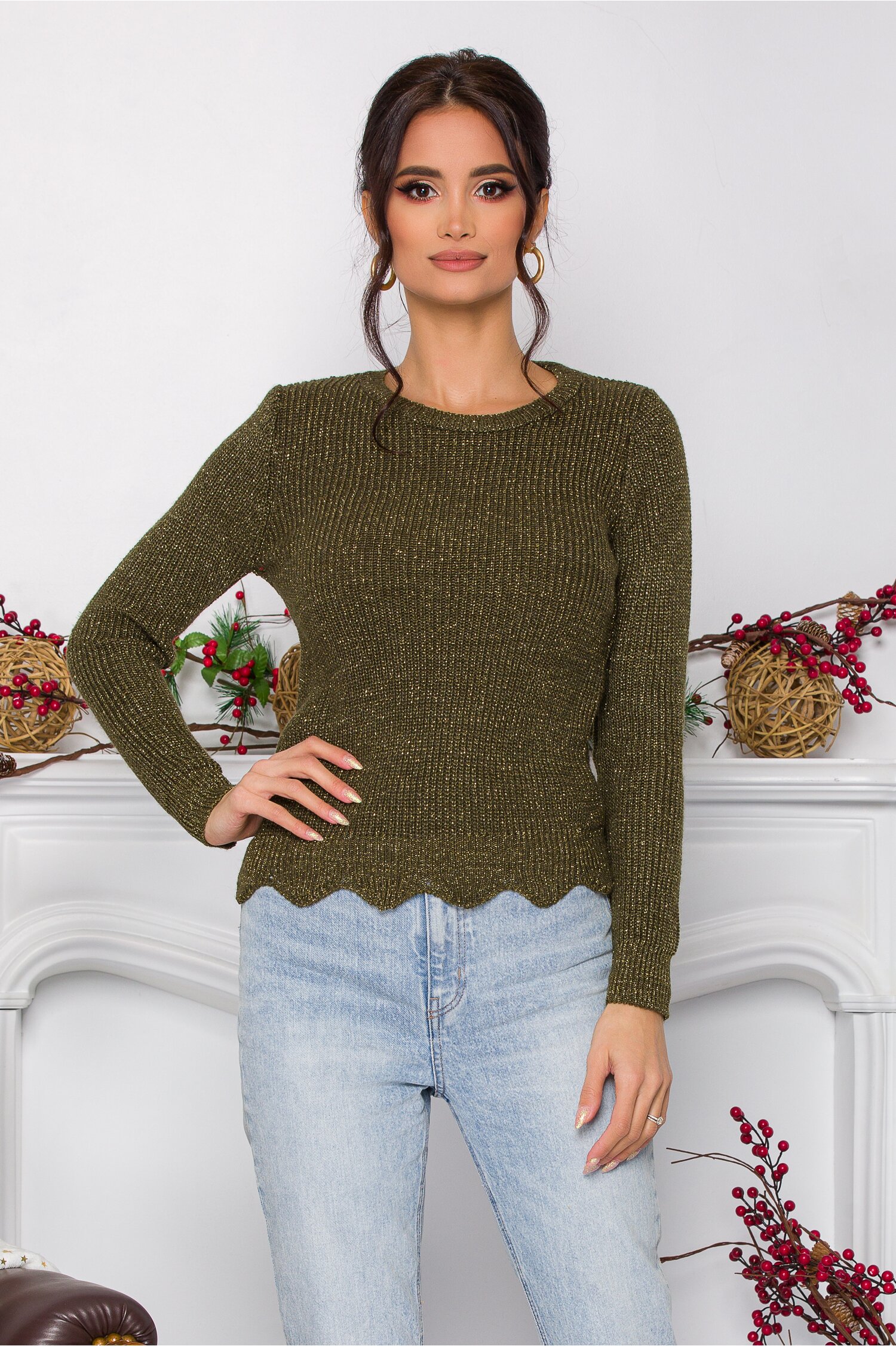 Bluza Ramona kaki cu insertii din fir lurex