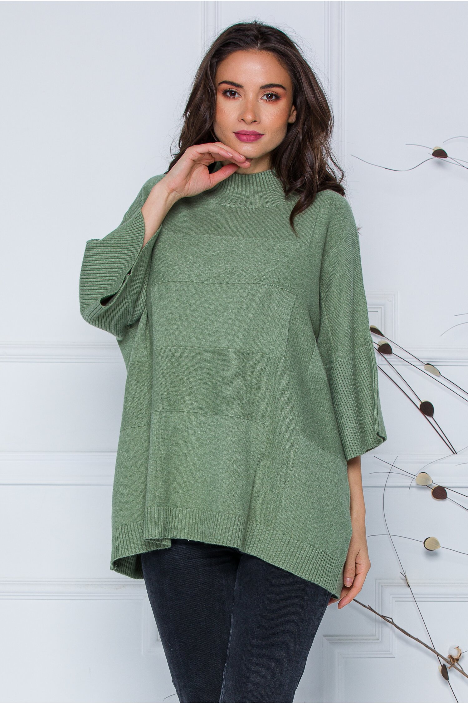 Bluza Sara olive lejera din tricot cu maneci scurte