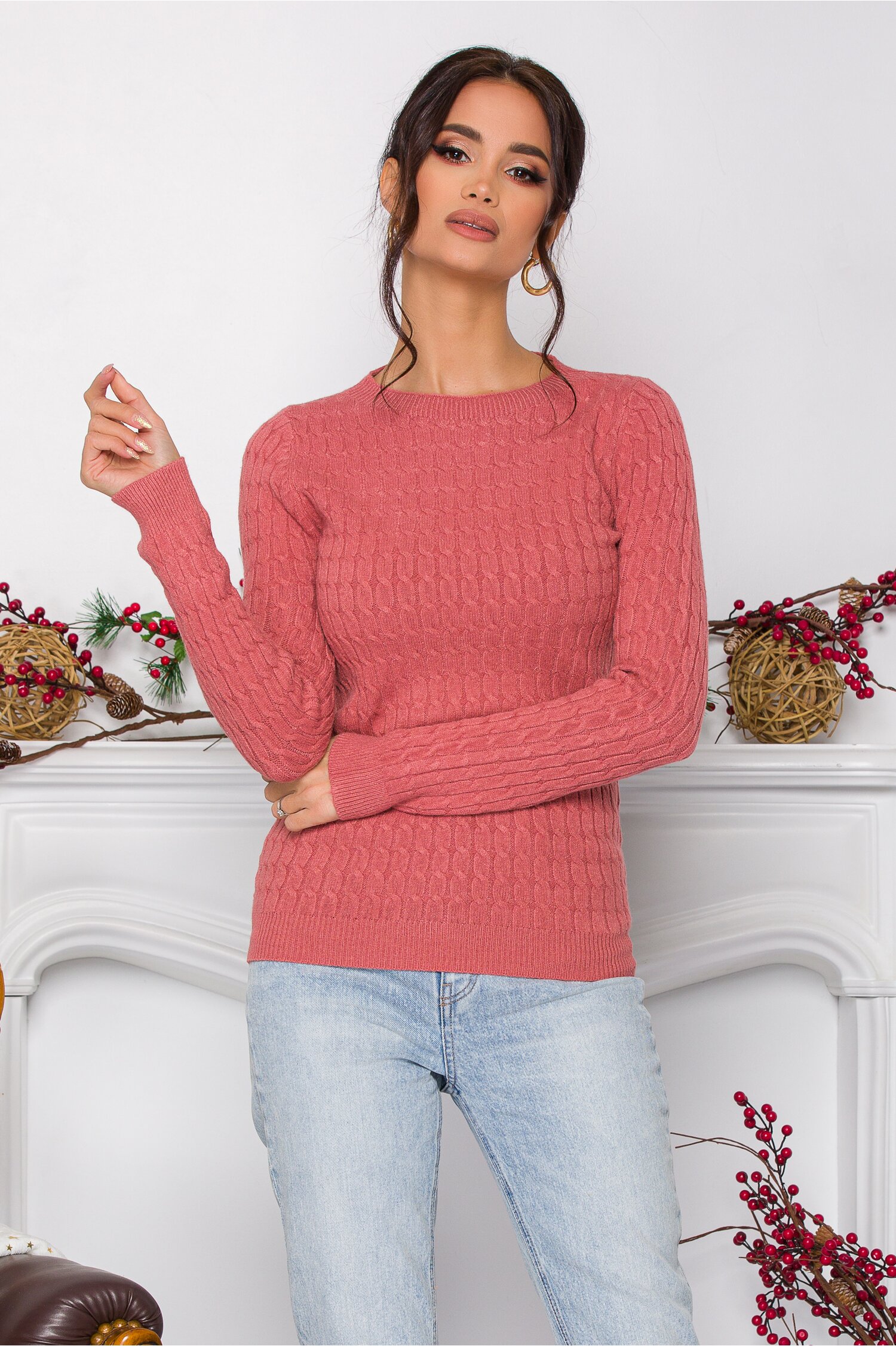 Bluza Sarah roz coniac din tricot cu design impletit