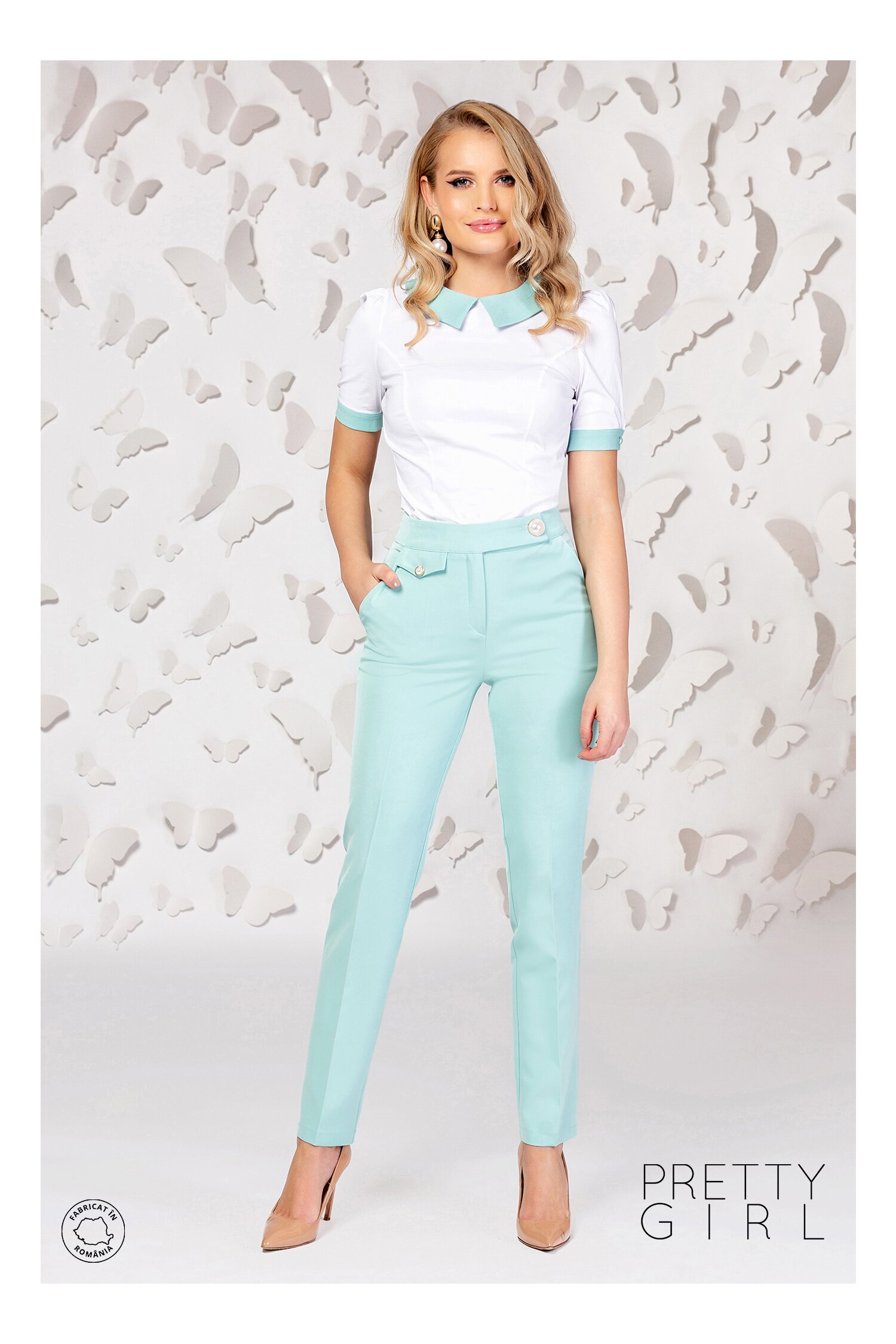 Camasa Pretty dama alba cu guler verde mint