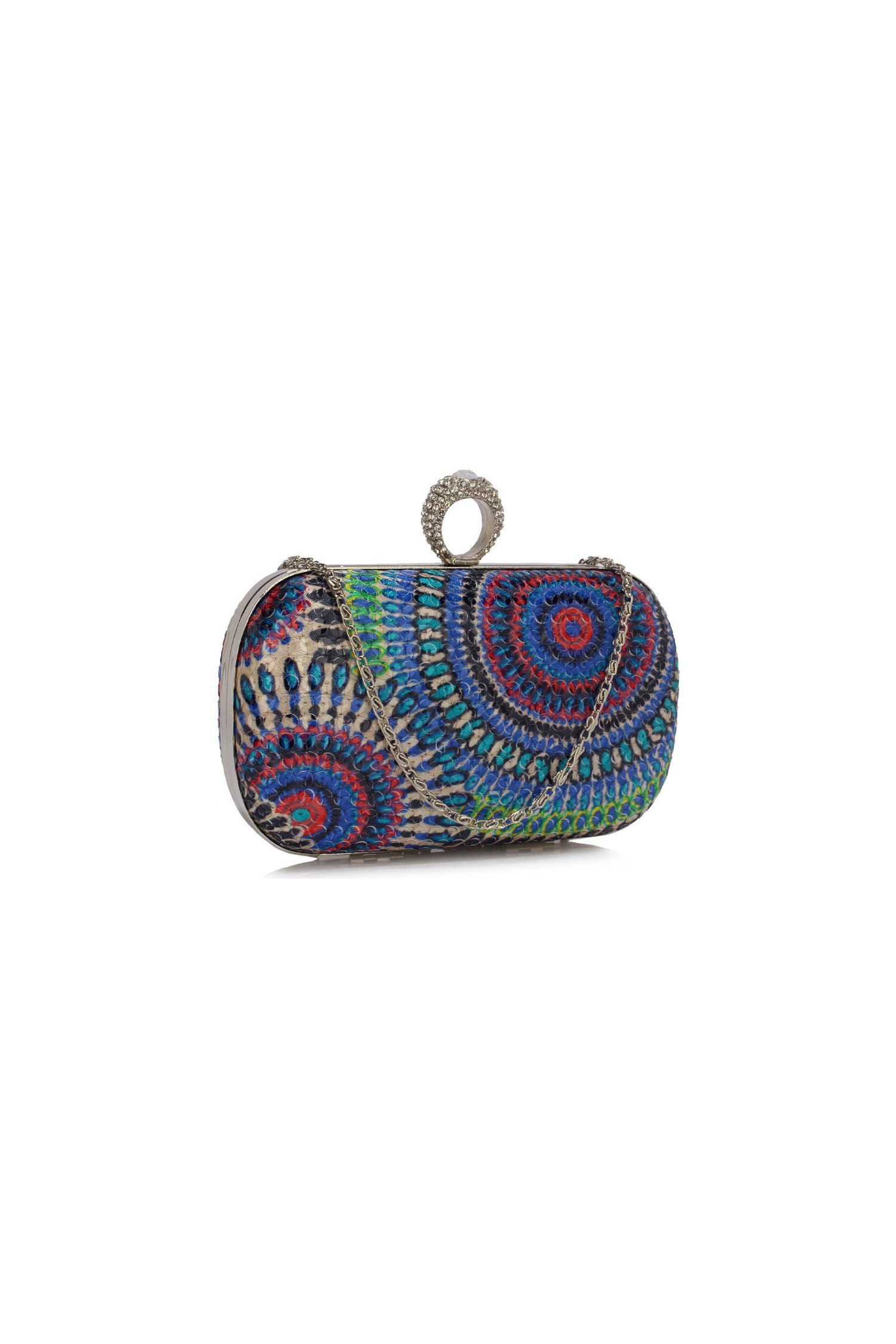 Clutch beige din paiete cu imprimeu tip mandala in nuante de albastru