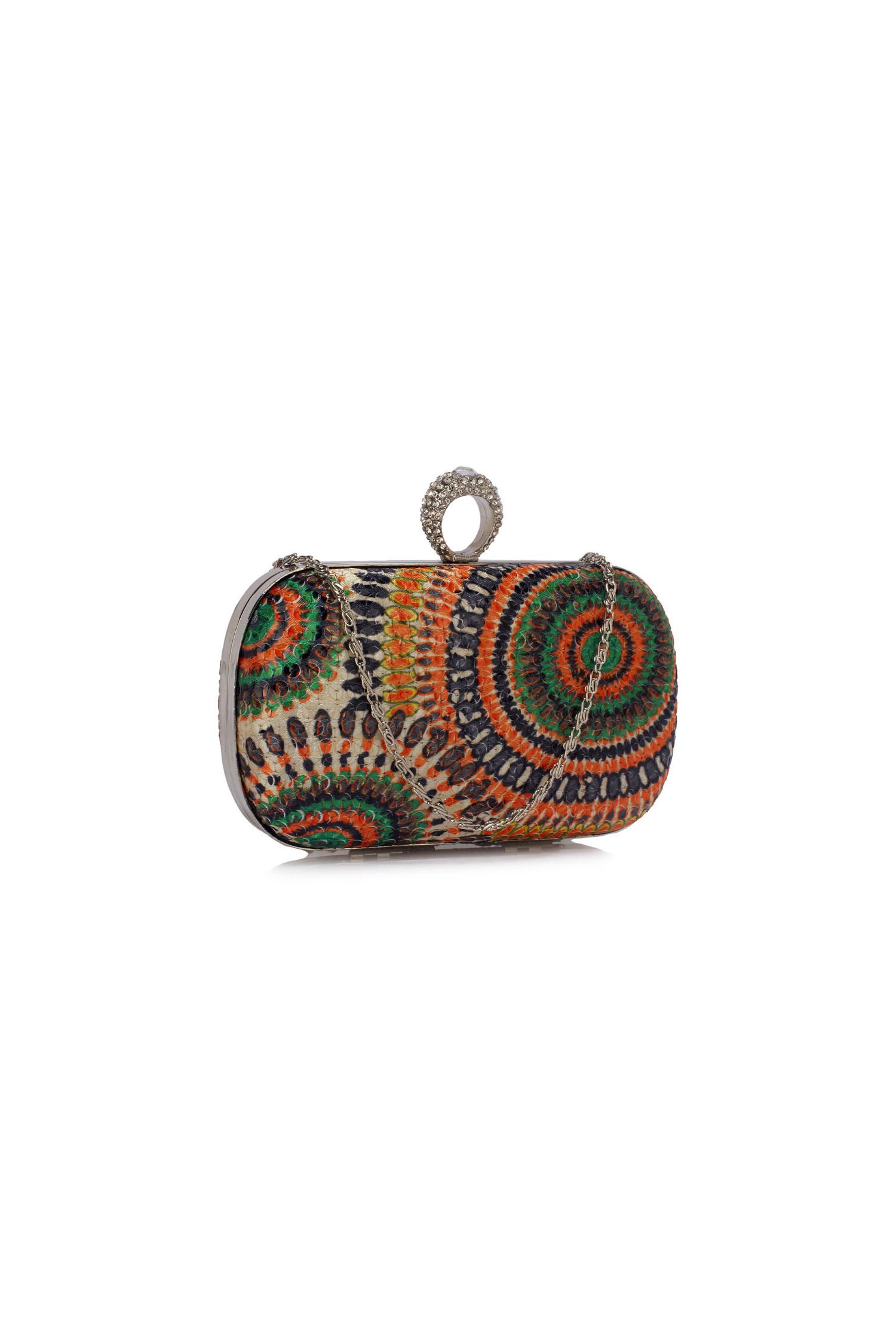 Clutch beige din paiete cu imprimeu tip mandala in nuante de portocaliu