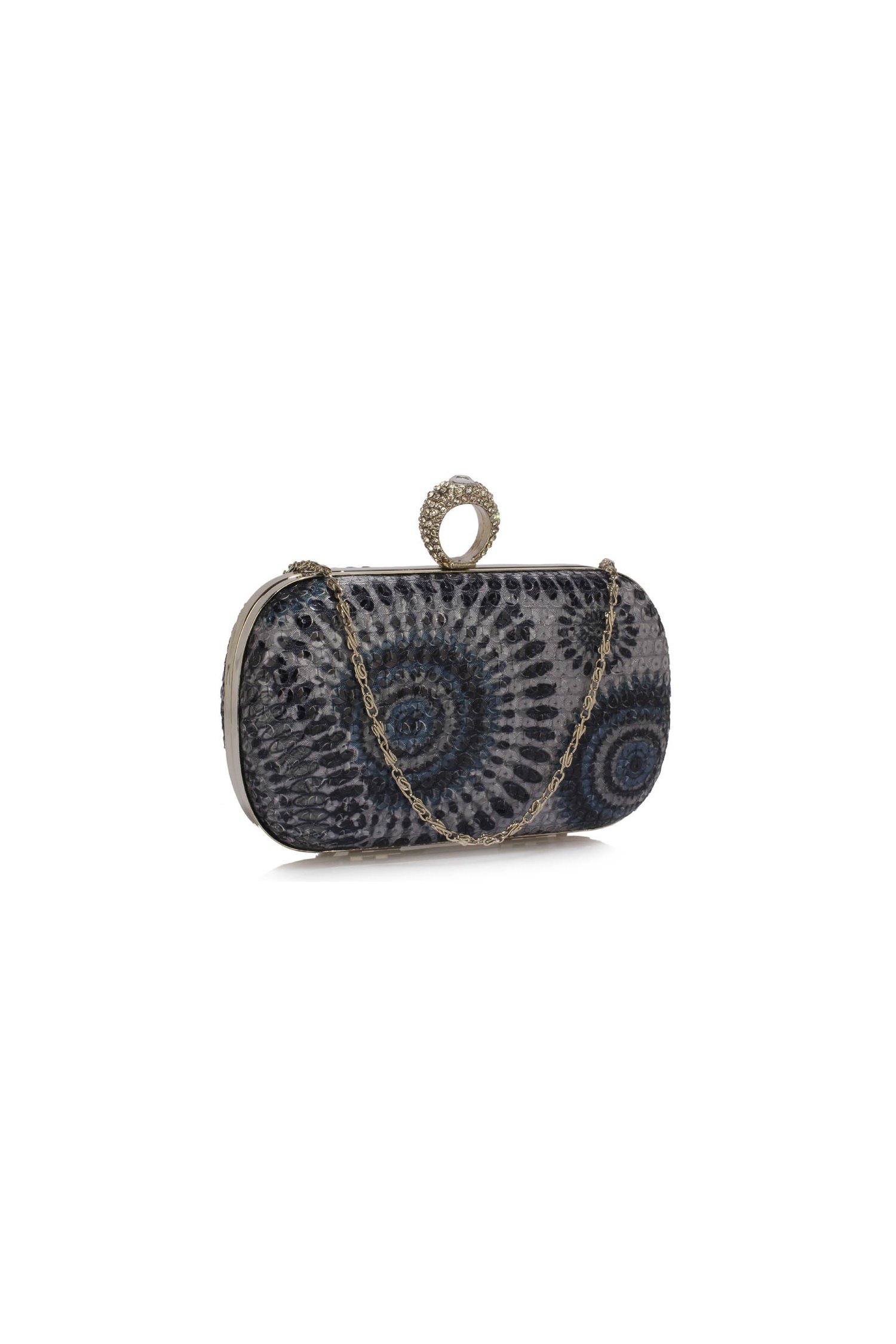 Clutch gri din paiete cu imprimeu tip mandala in nuante de bleumarin