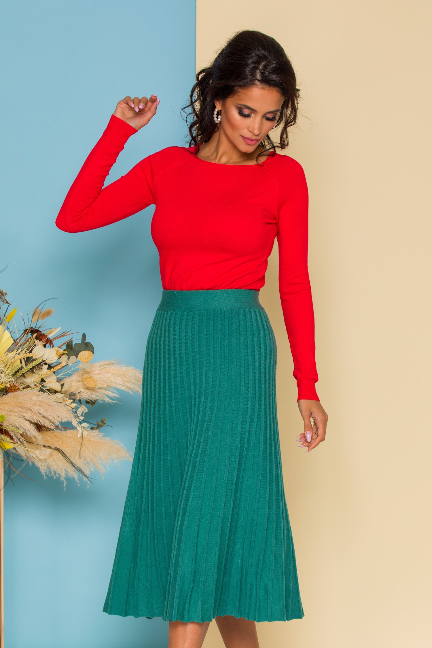 Fusta din tricot midi turcoaz cu talie lata elastica cu dungi