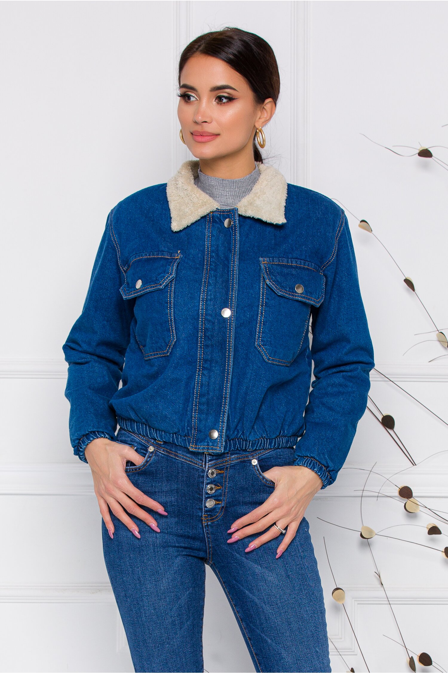 Geaca Ania din denim albastru inchis imblanita