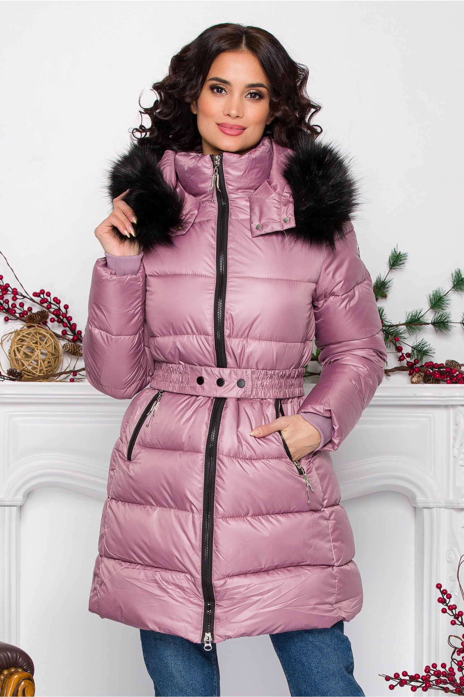 Geaca Kelly roz cu gluga si cordon in talie