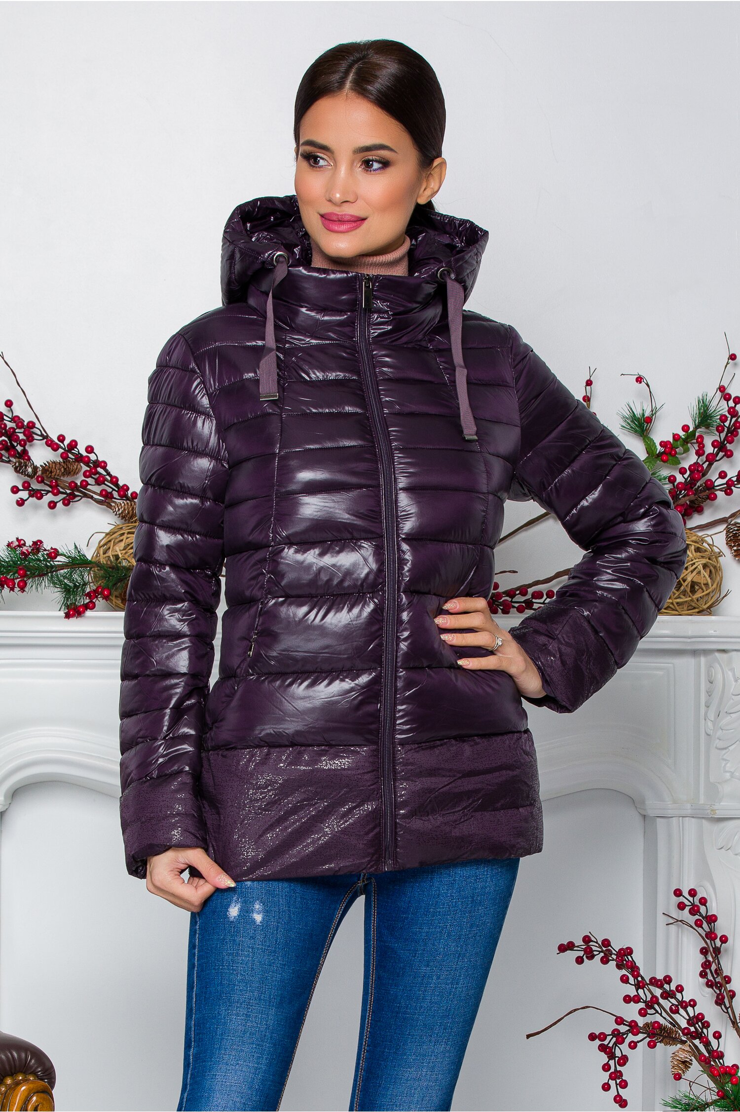 Geaca Patty indigo asimetrica cu baza stralucitoare