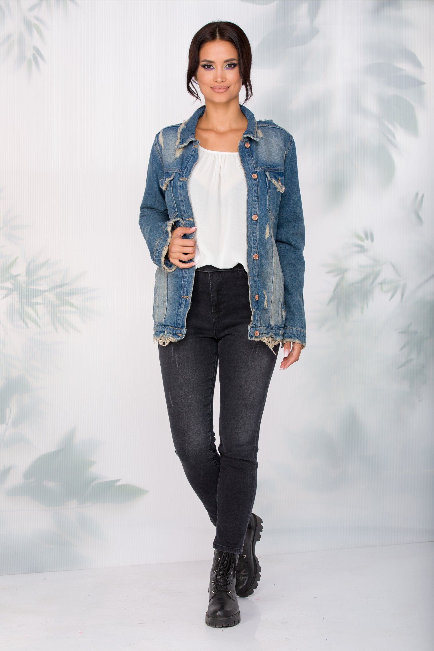 Jacheta lora din denim cu aspect prespalat