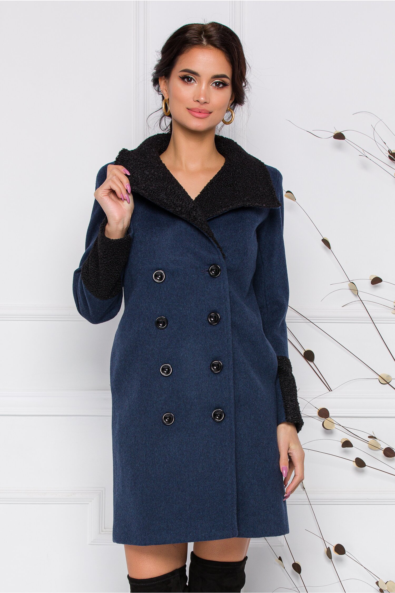 Palton Moze albastru marin cu blanita neagra