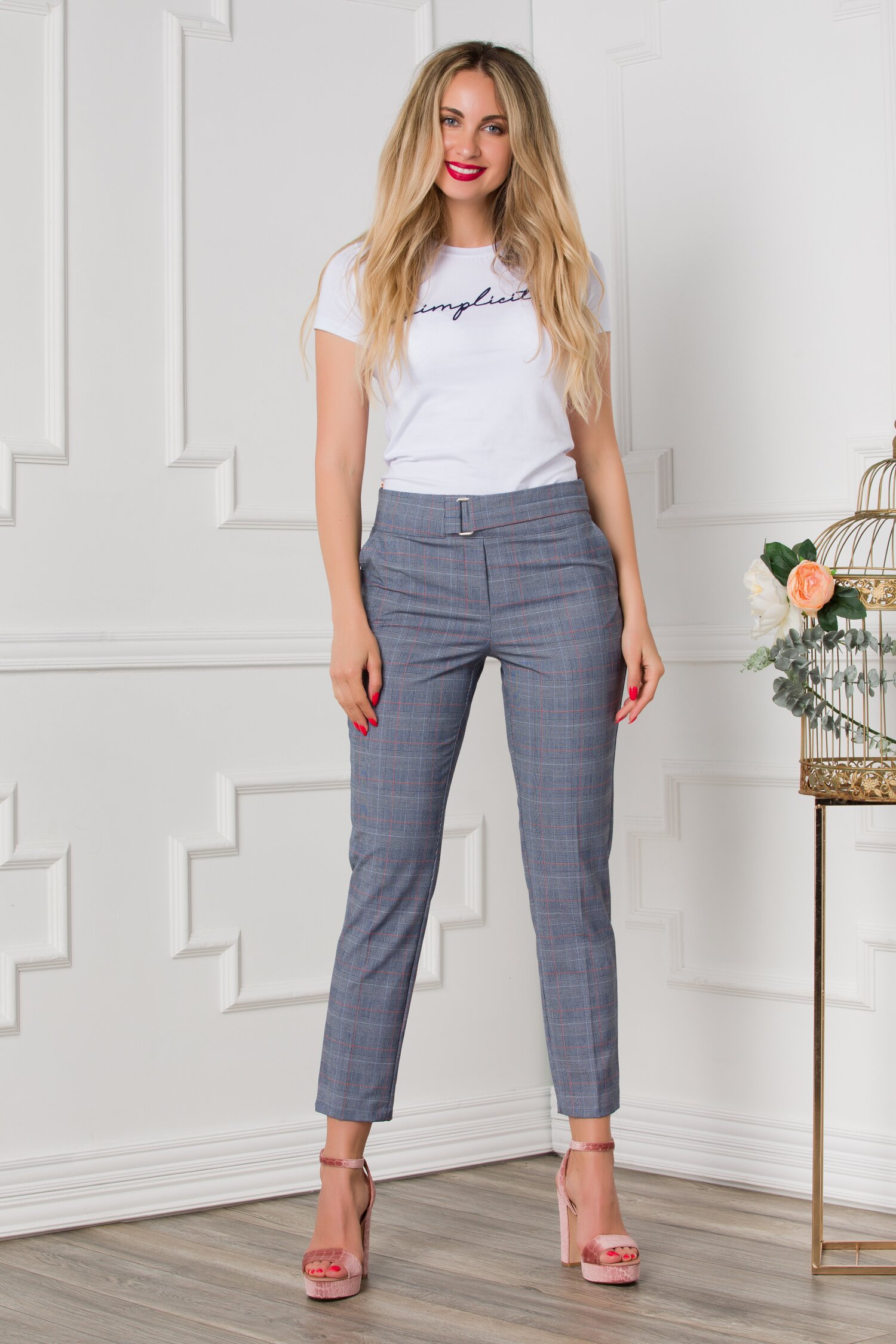 Pantaloni Alina office gri cu carouri orange