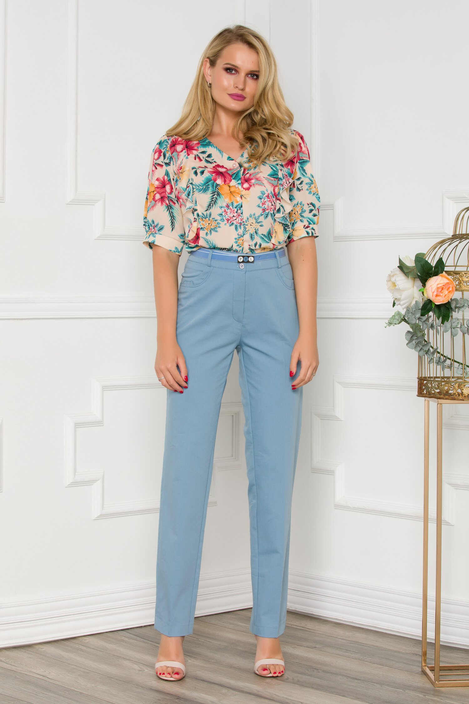 Pantaloni Diana office bleu cu curea in talie