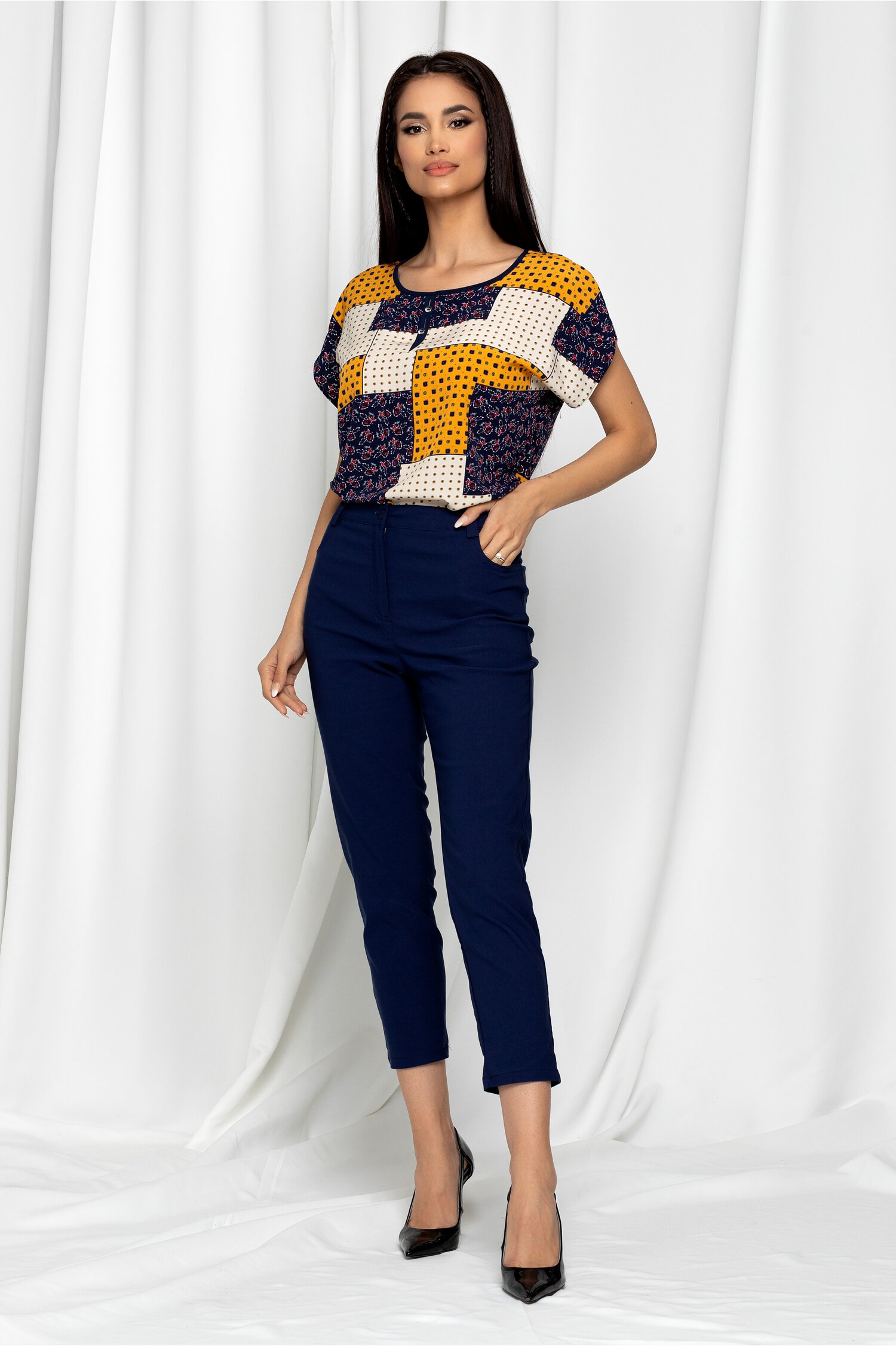 Pantaloni emilia bleumarin skinny cu talie inalta