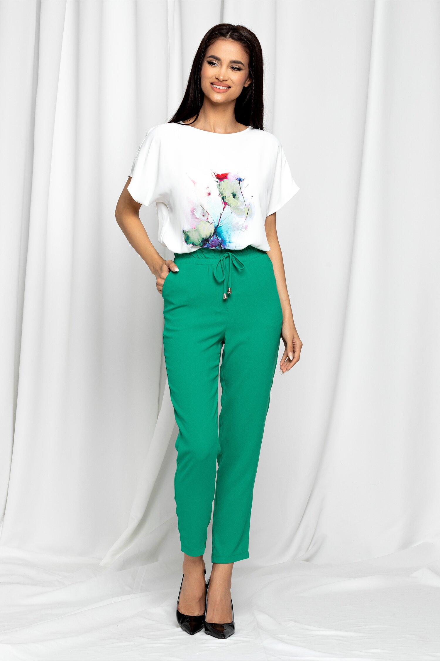 Pantaloni ladonna verzi cu talie inalta si croi lejer