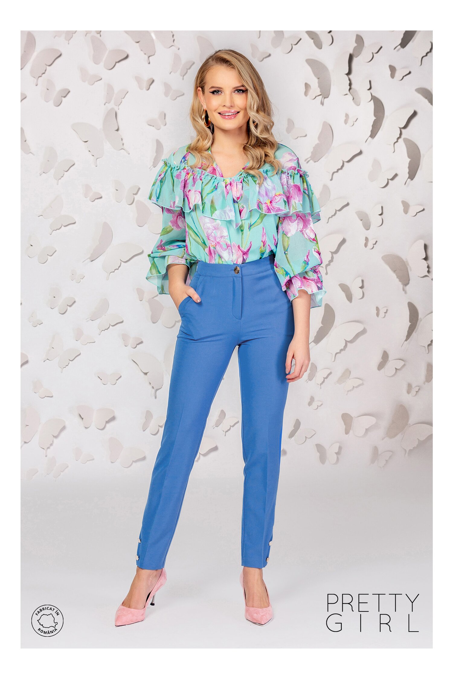 Pantaloni Pretty Girl albasti cu dunga si nasturi la baza