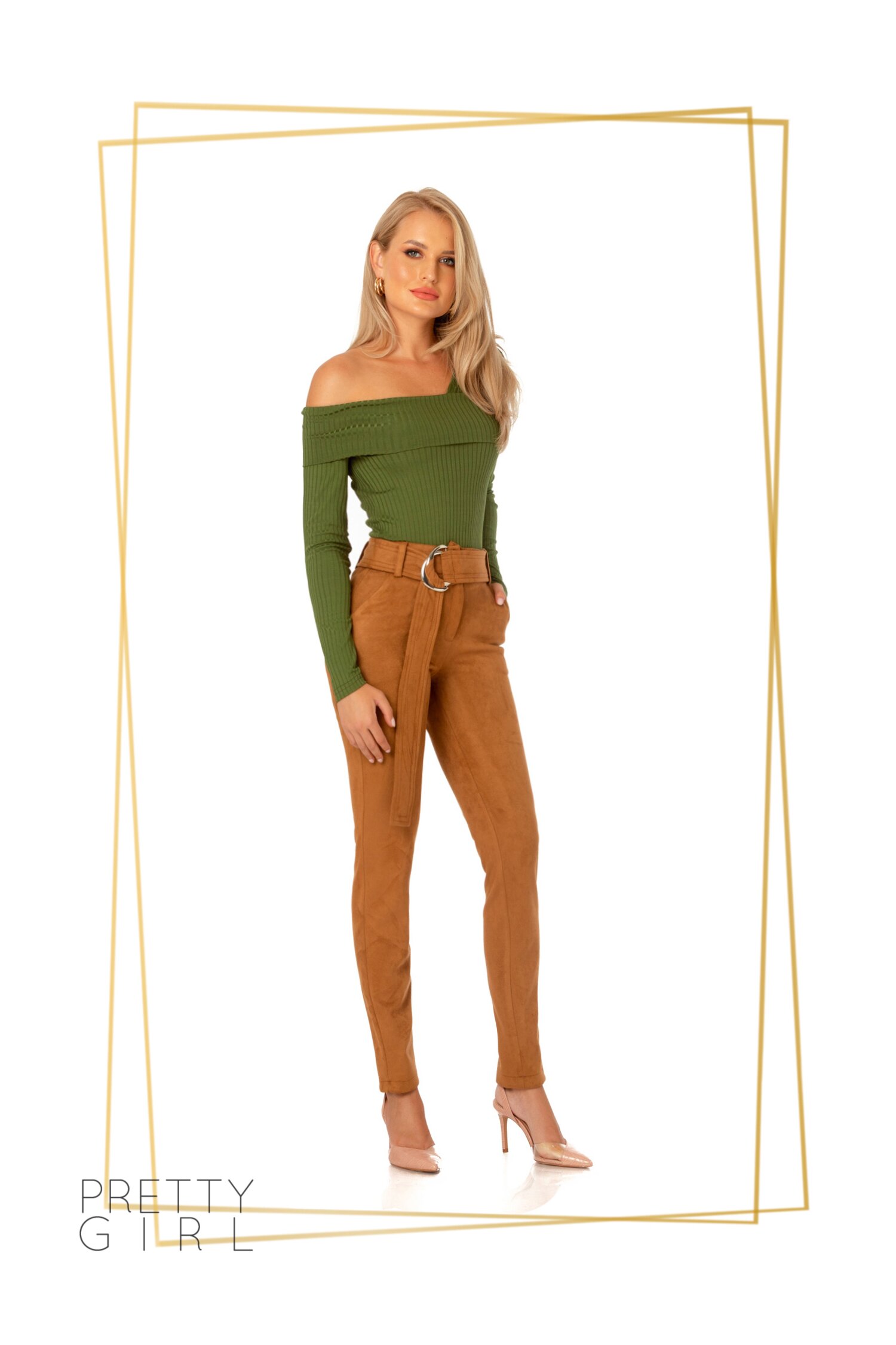 Pantaloni Pretty Girl maro catifelati si cordon in talie