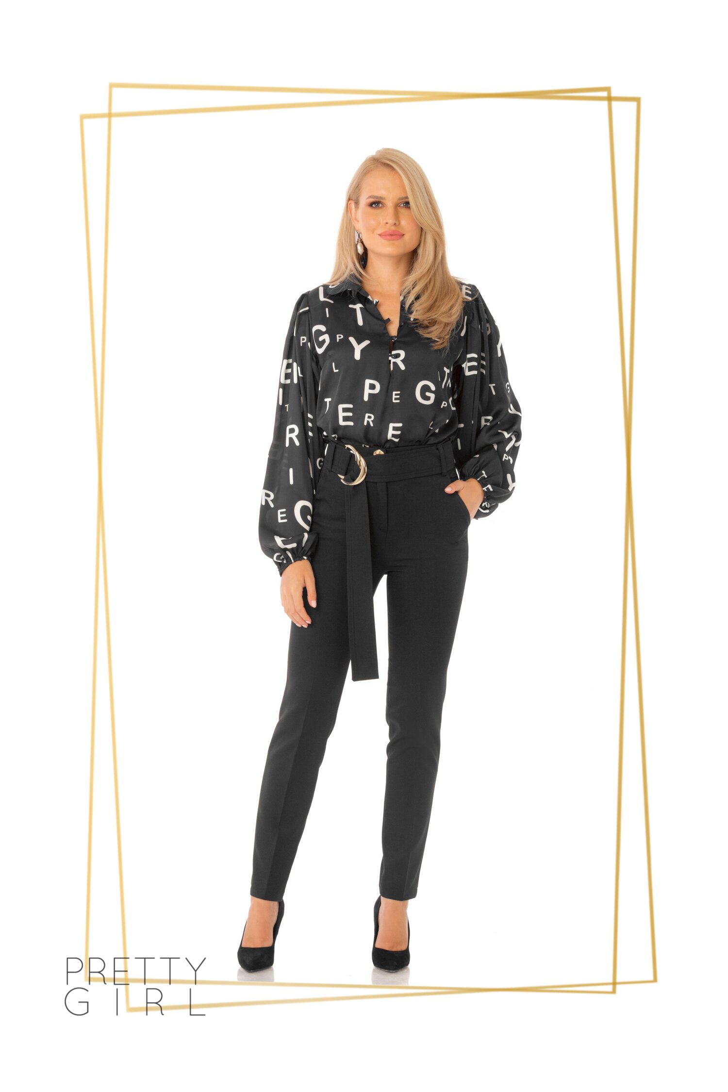 Pantaloni Pretty Girl negri cu centura stilizata