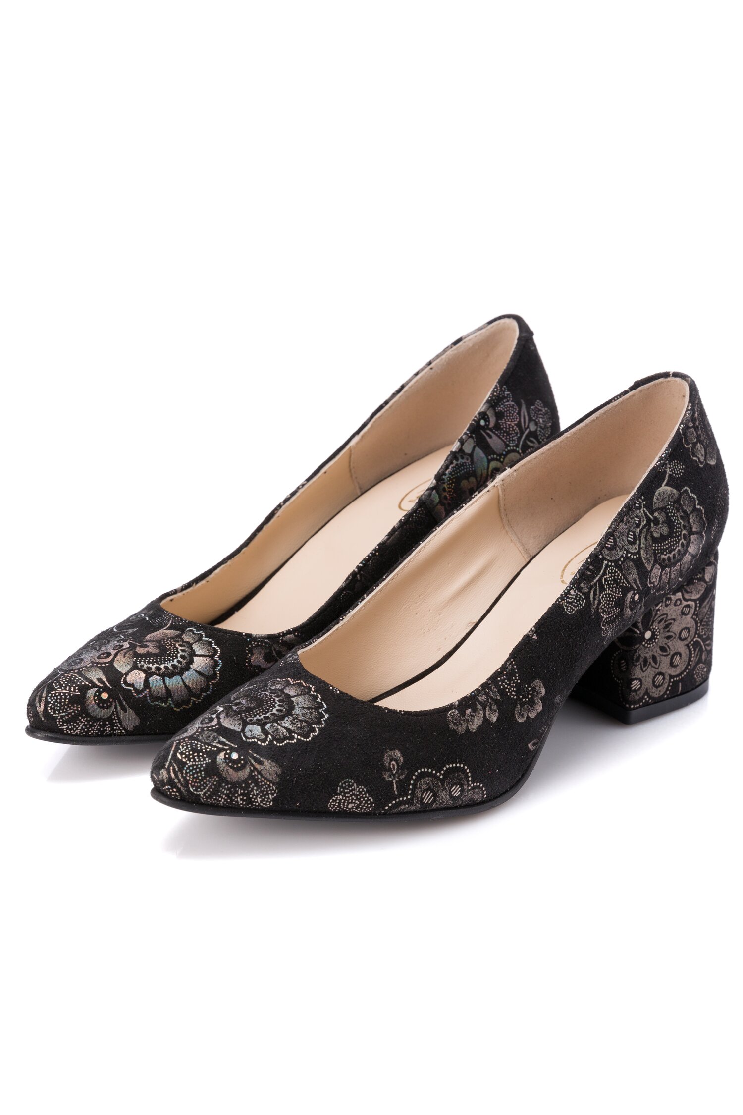 Pantofi Clara negri cu imprimeu floral stralucitor