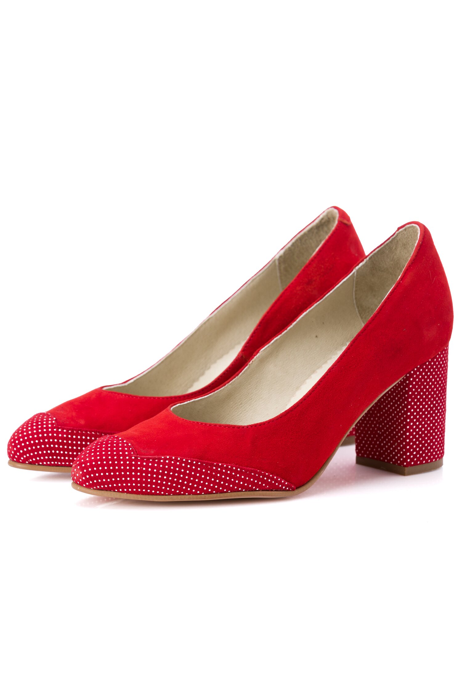 Pantofi rosii cu toc gros si imprimeu cu buline dyfashion.ro dyfashion.ro