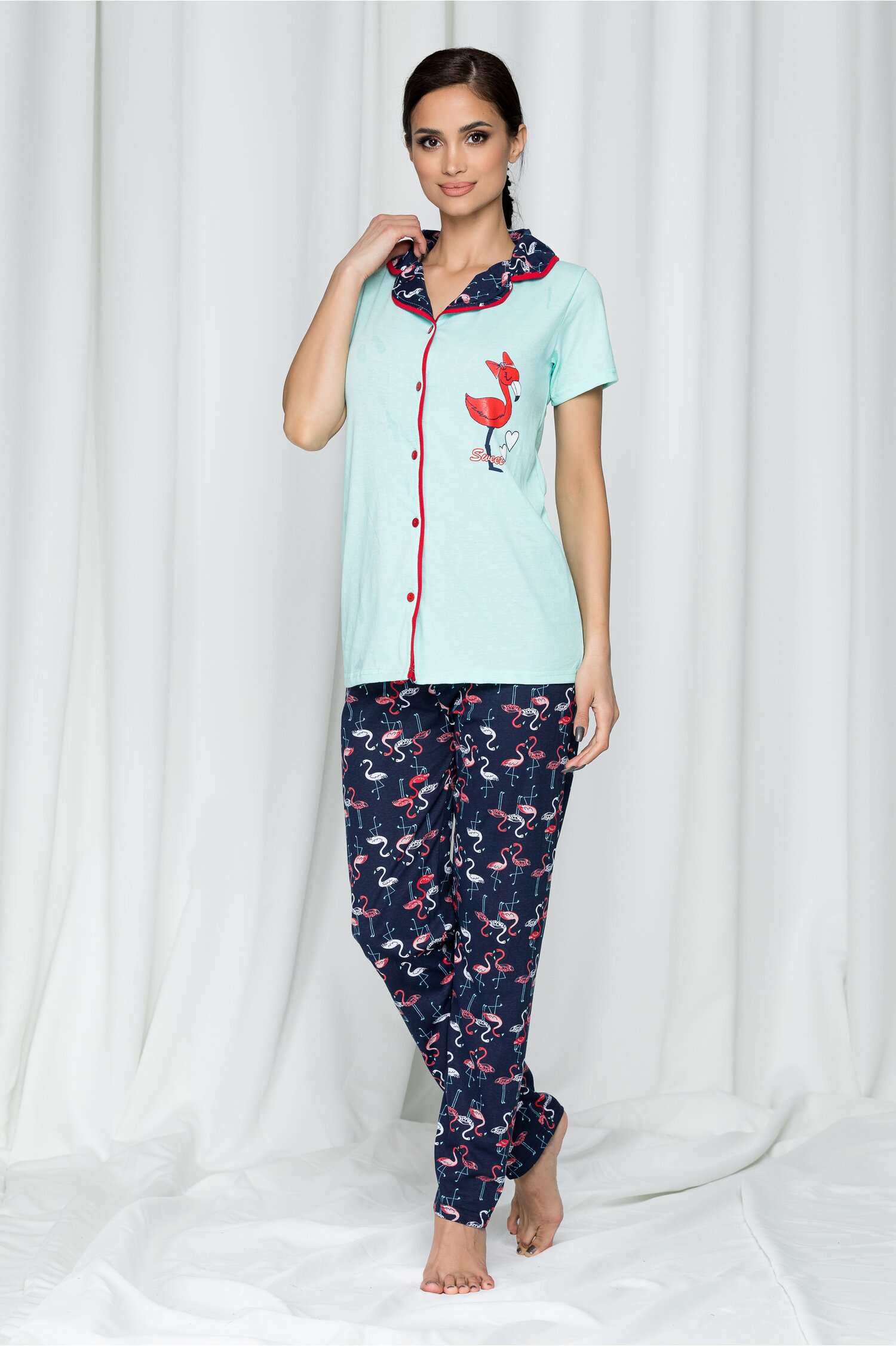 Pijama Sweet cu pantaloni lungi si imprimeu flamingo