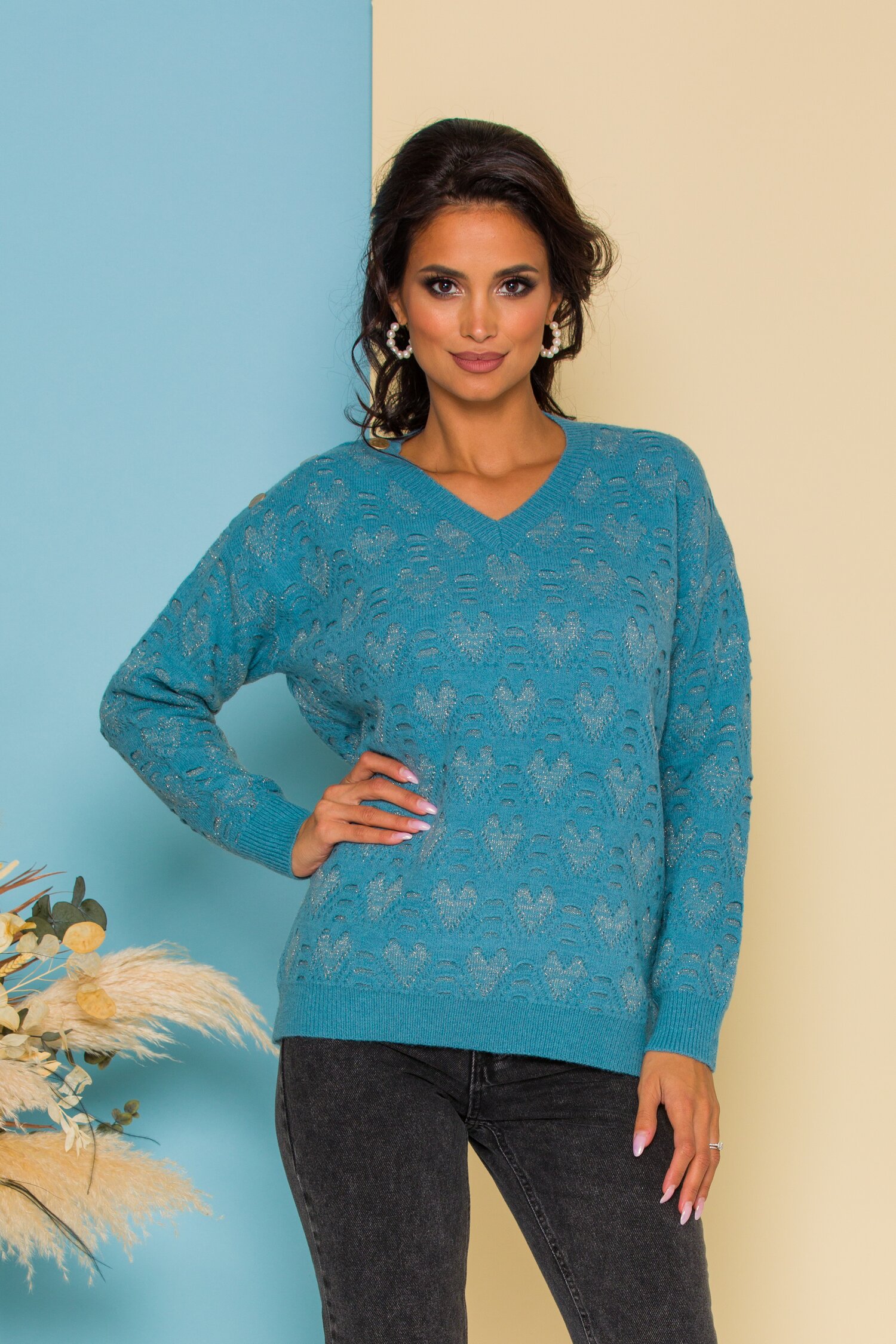 Pulover Dori bleu cu insertii din fir lurex