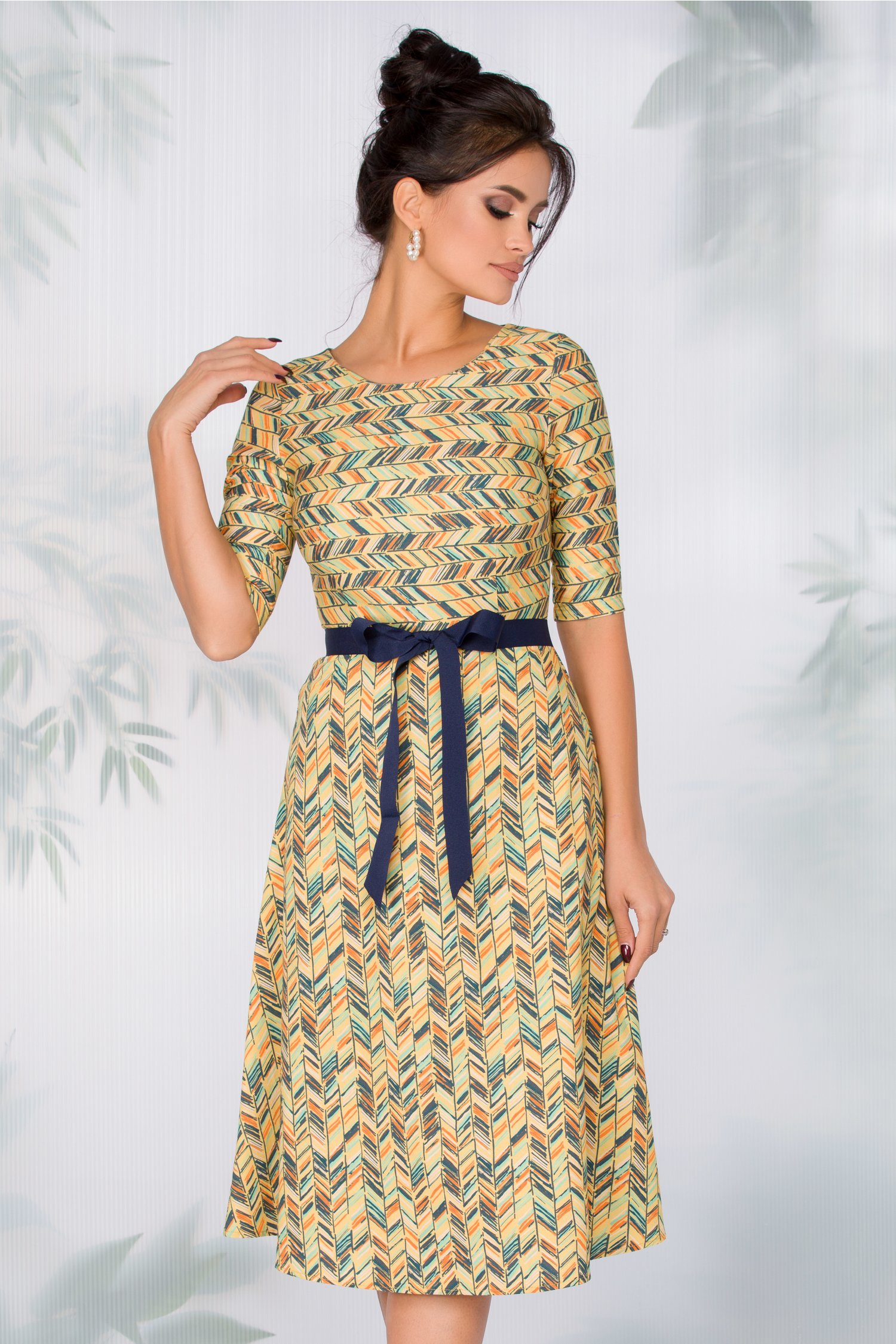 Rochie Adela galbena cu dungi multicolore - Rochii