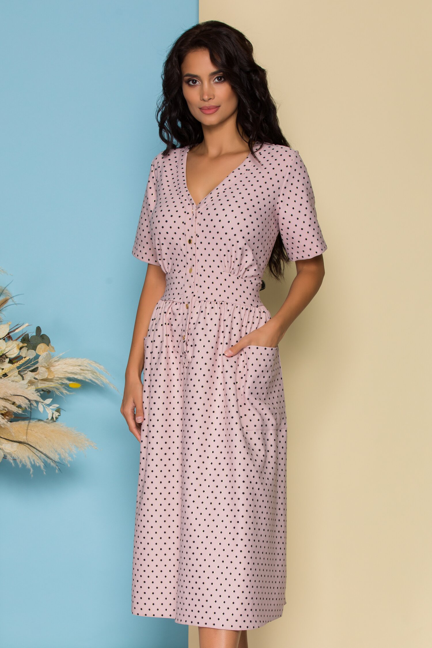 Rochie Agness roz cu buline negre