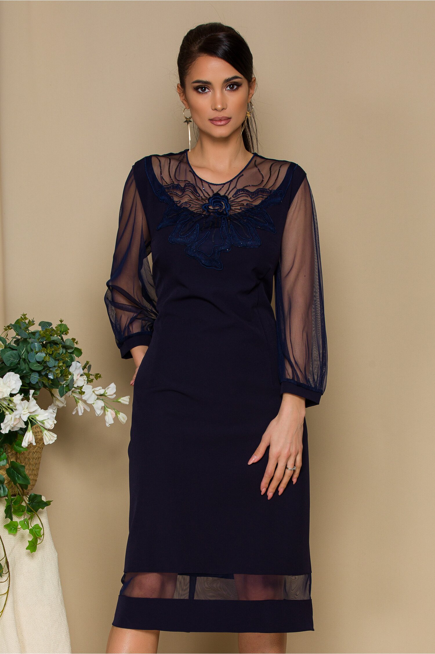 Rochie Alexa bleumarin cu tull si broderie