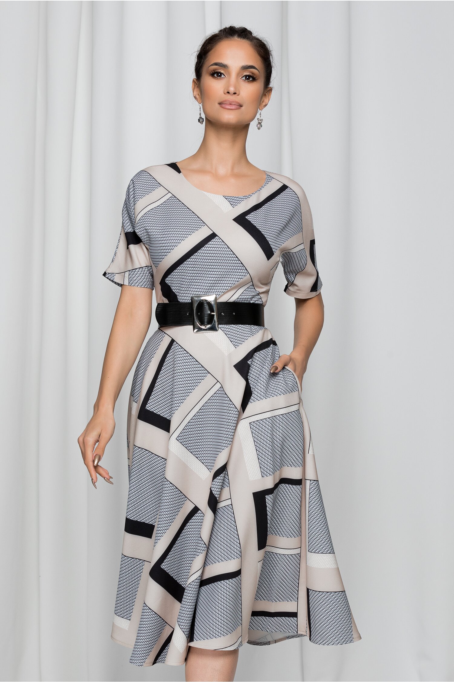 Rochie alexandra bej cu imprimeu geometric