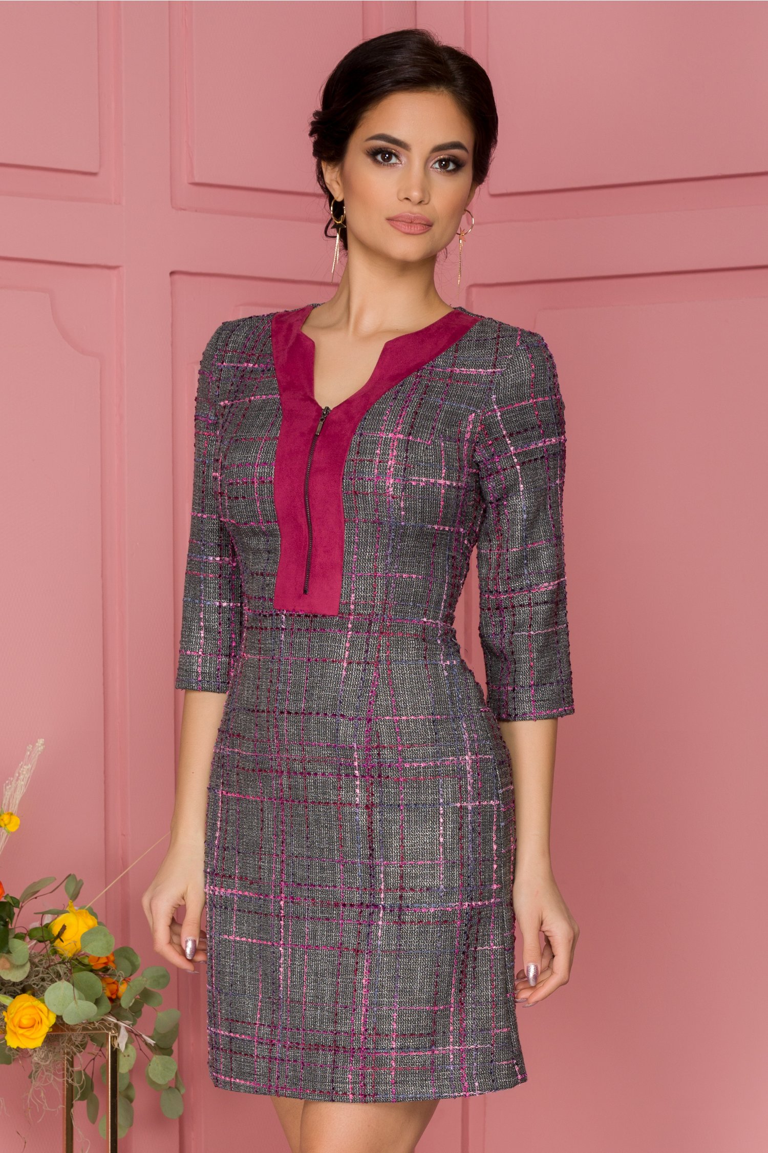 Rochie Alisa gri cu insertii bordo