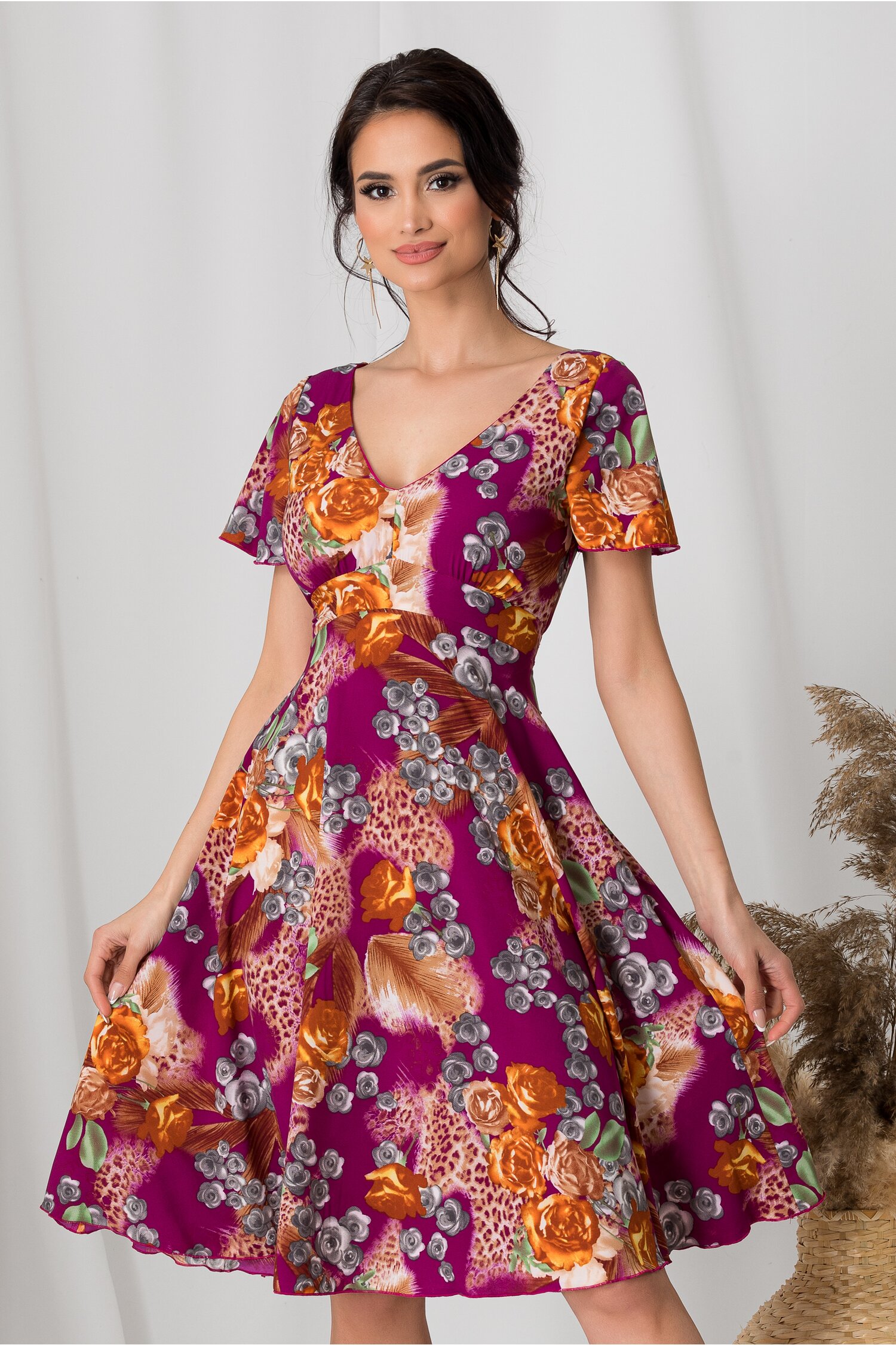 Rochie Amelia violet de zi cu flori orange