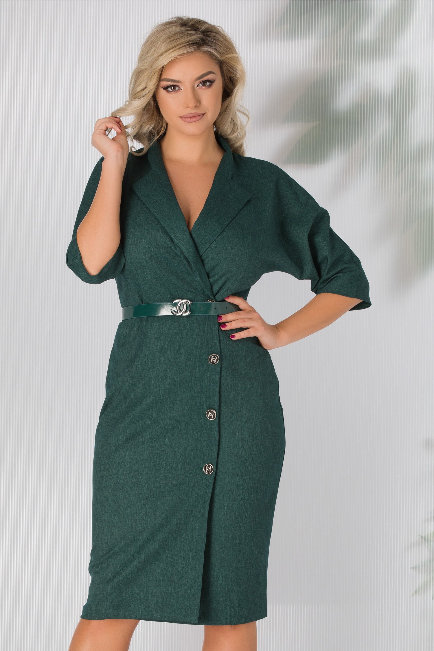 Rochie ana verde inchis tip sacou cu curea in talie