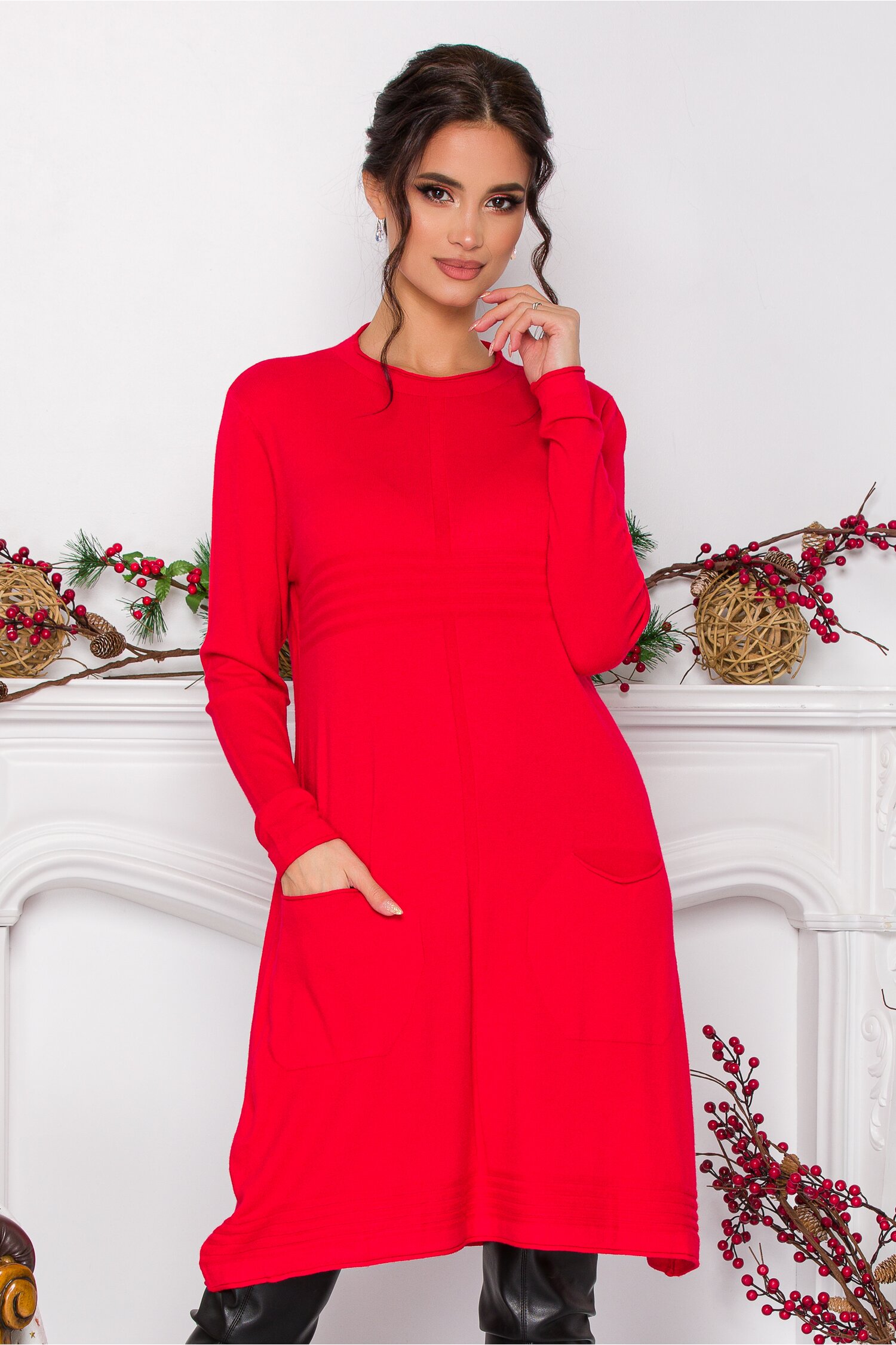 Rochie Anastasia rosie cu design in dungi si buzunare