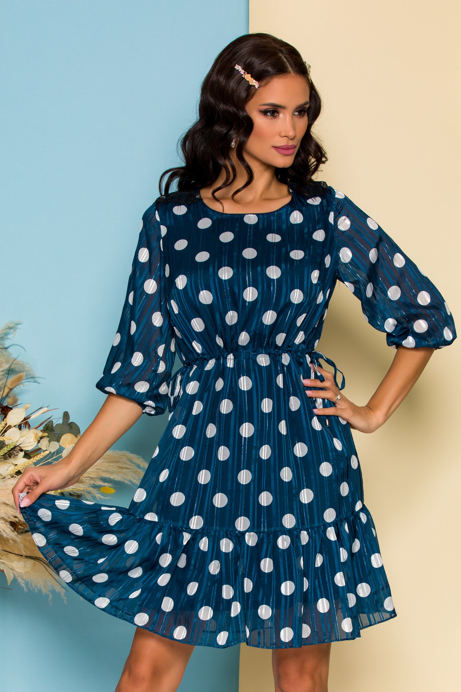 Rochie Andrada bleumarin cu buline si insertii din fir lurex