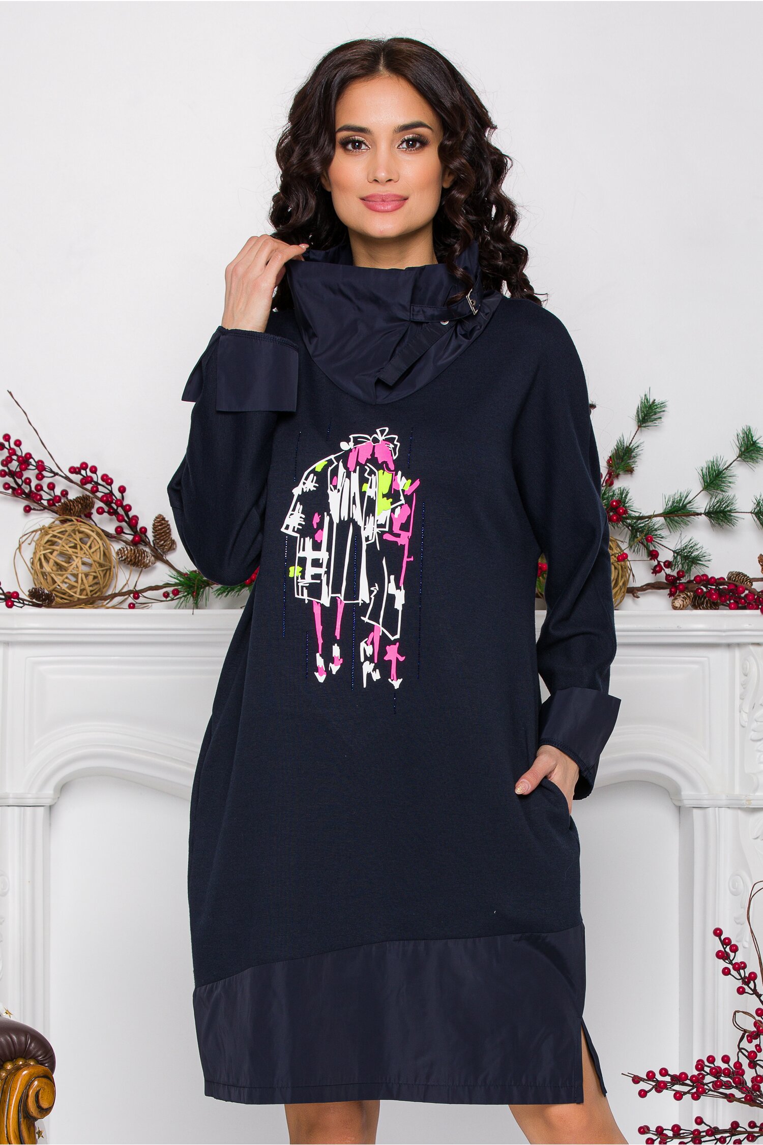 Rochie Anna bleumarin cu imprimeu roz si detalii din fas