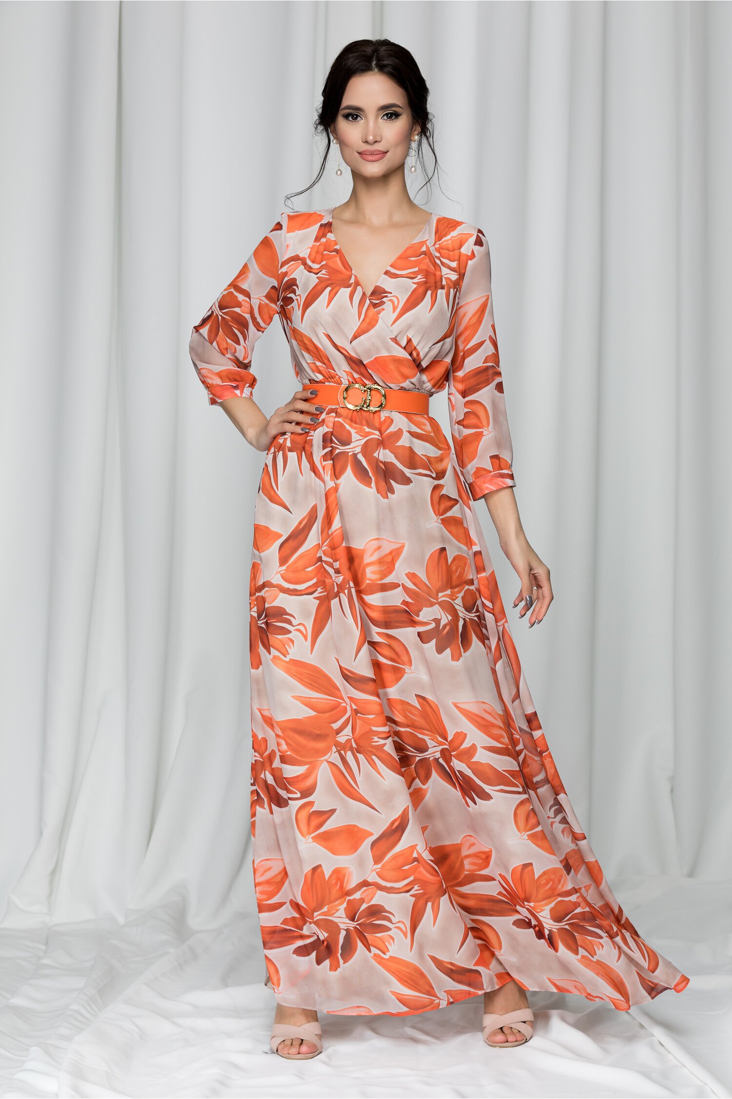 Rochie Ava lunga cu imprimeu floral portocaliu