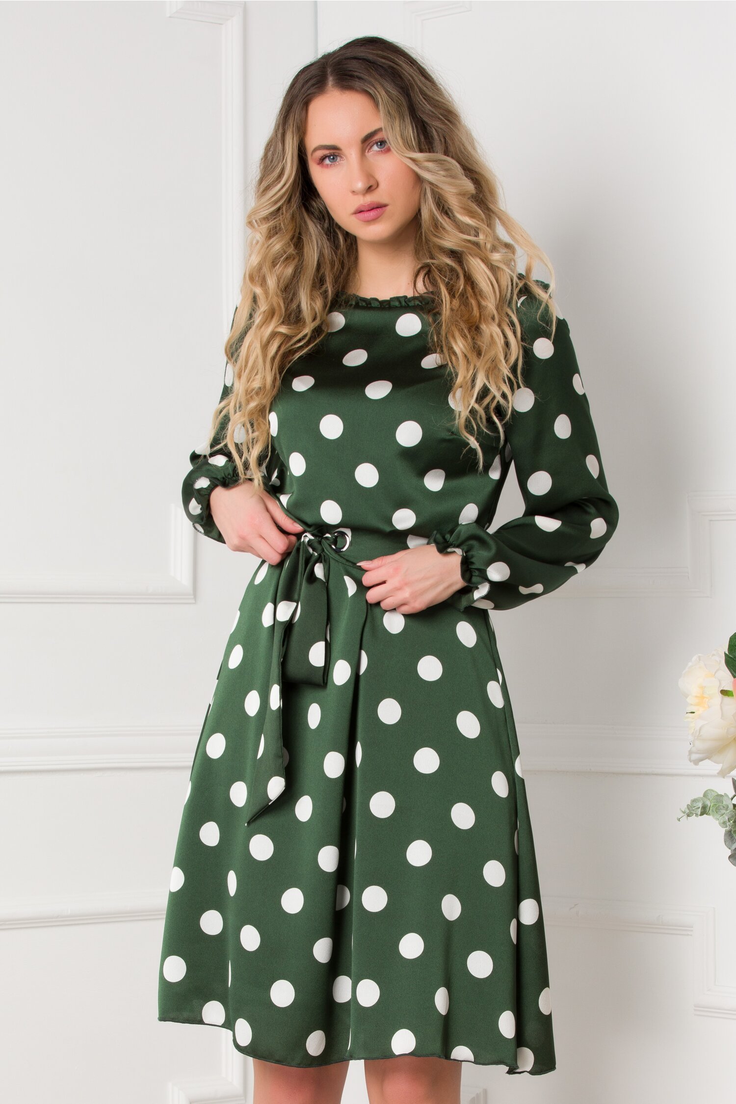 Rochie Betty verde inchis cu buline