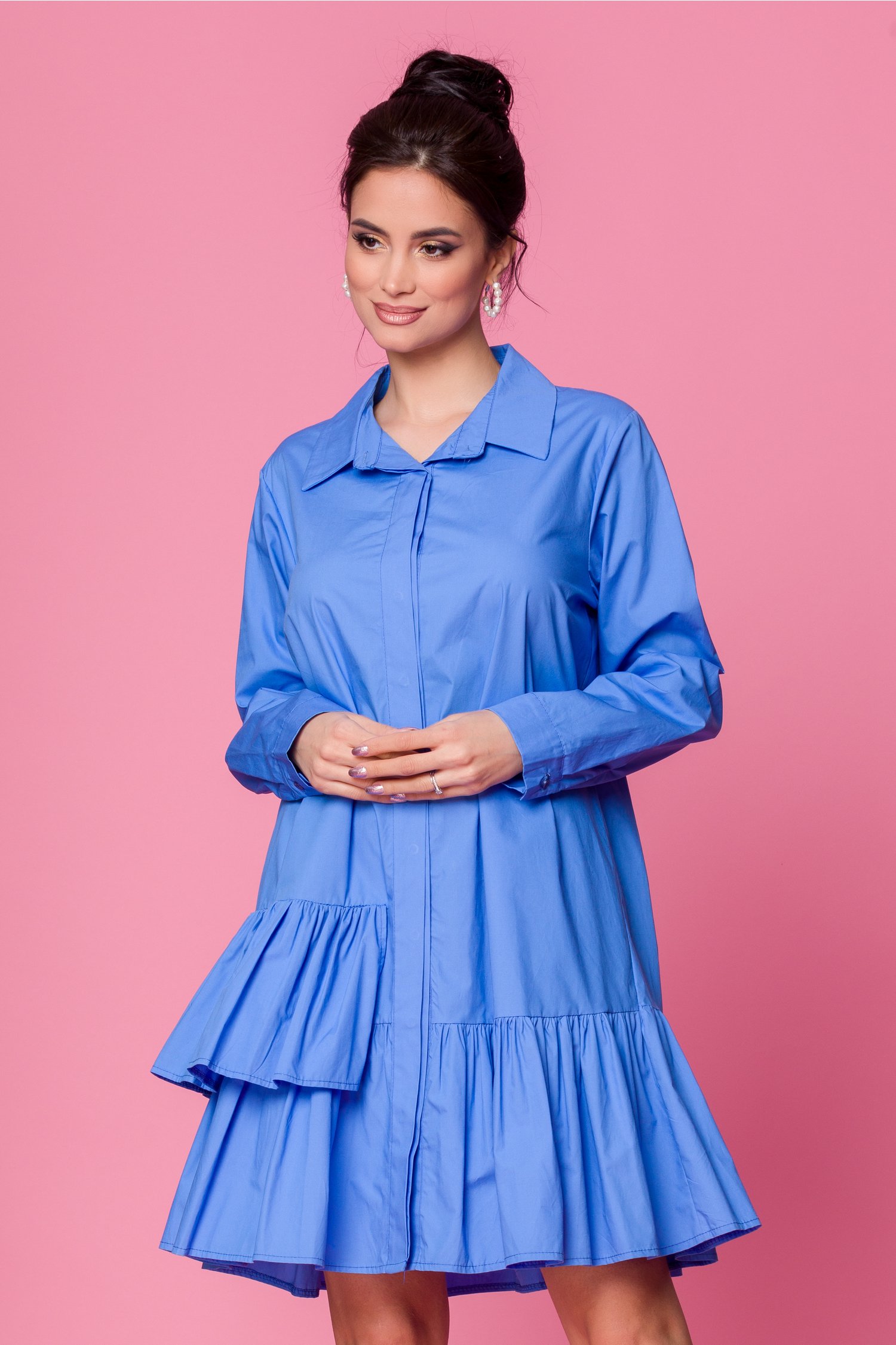 Rochie carolina albastra cu volanase