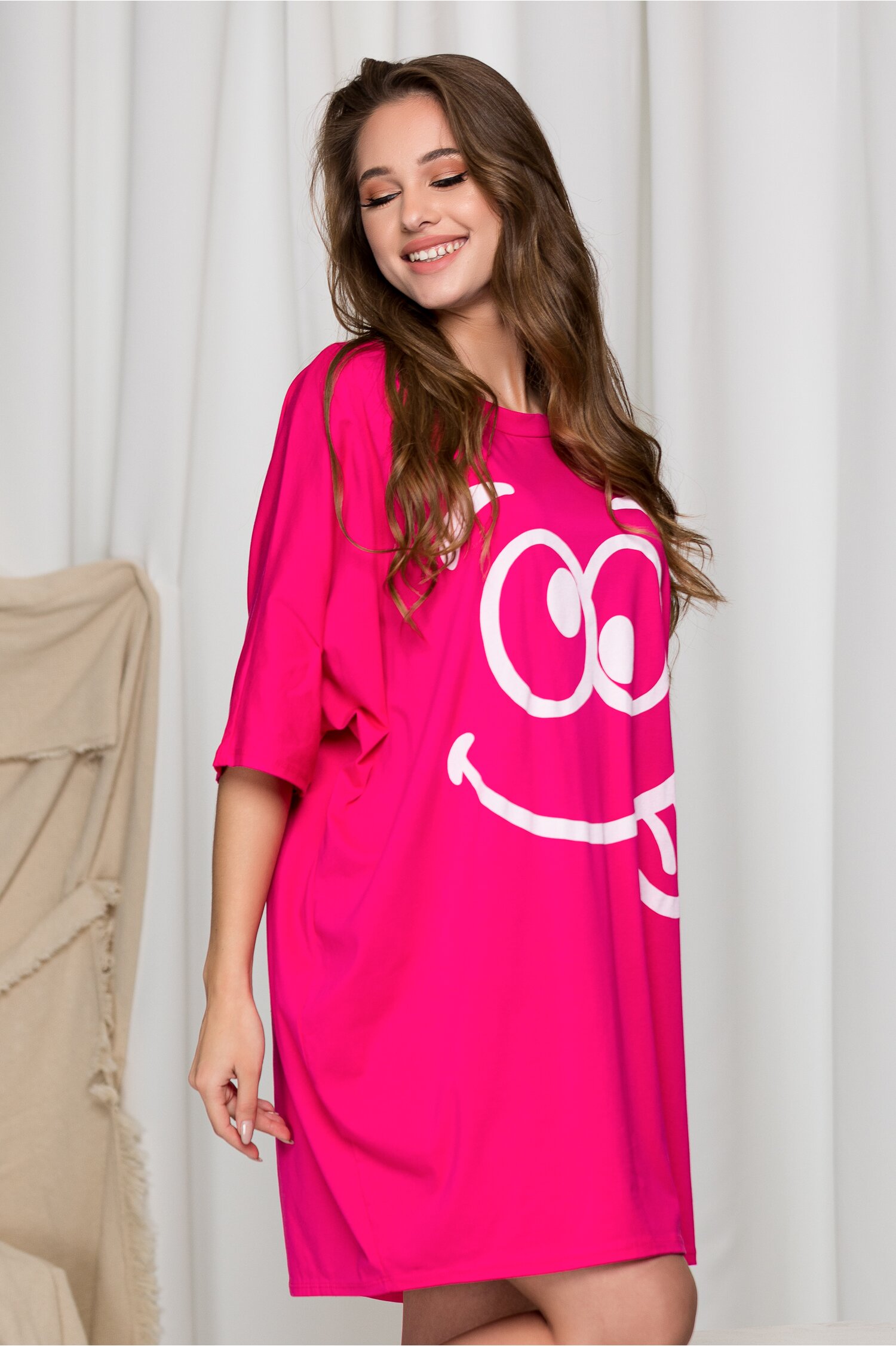 Rochie casual Smile fucsia cu imprimeu