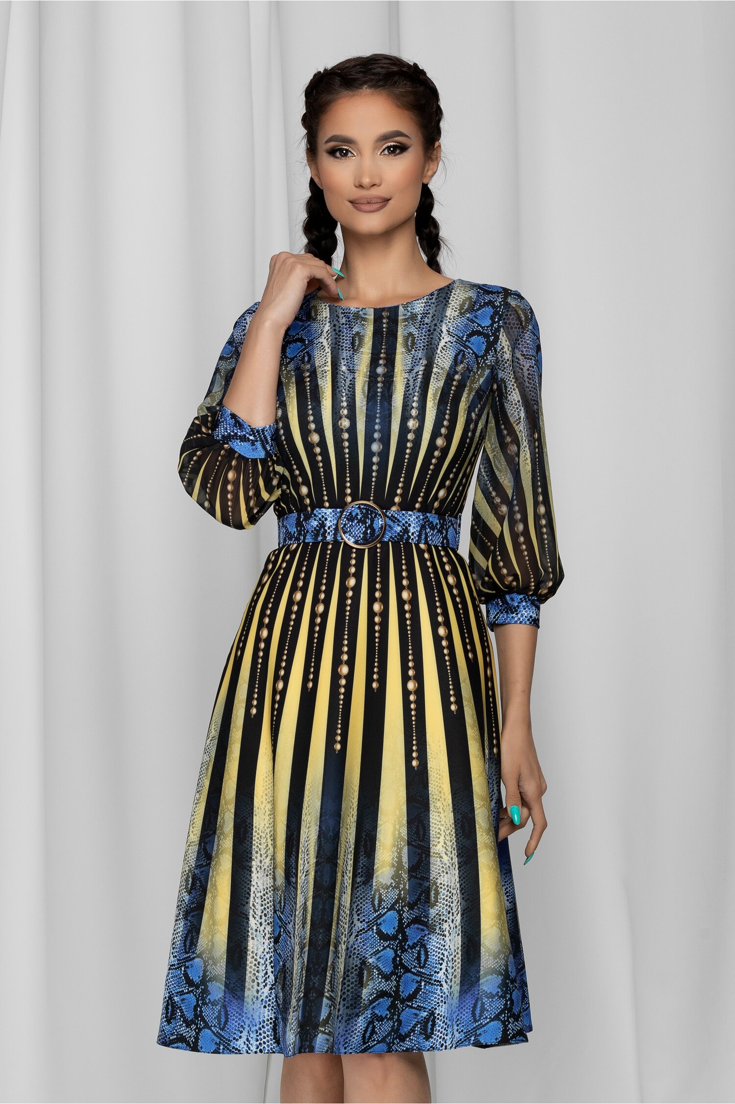 Rochie celia galbena cu imprimeu snake si maneci lungi