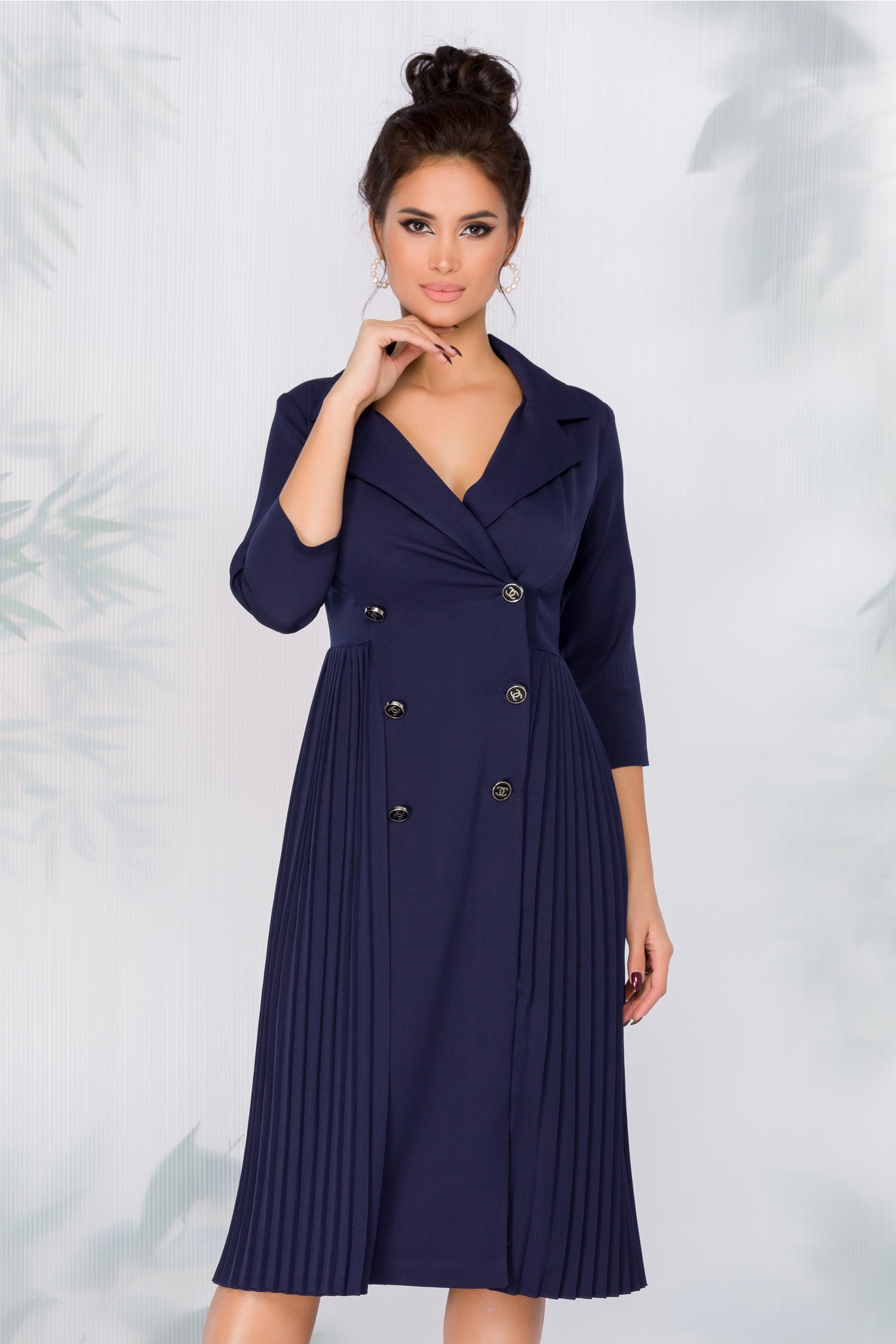 Rochie celine bleumarin tip sacou cu pliuri