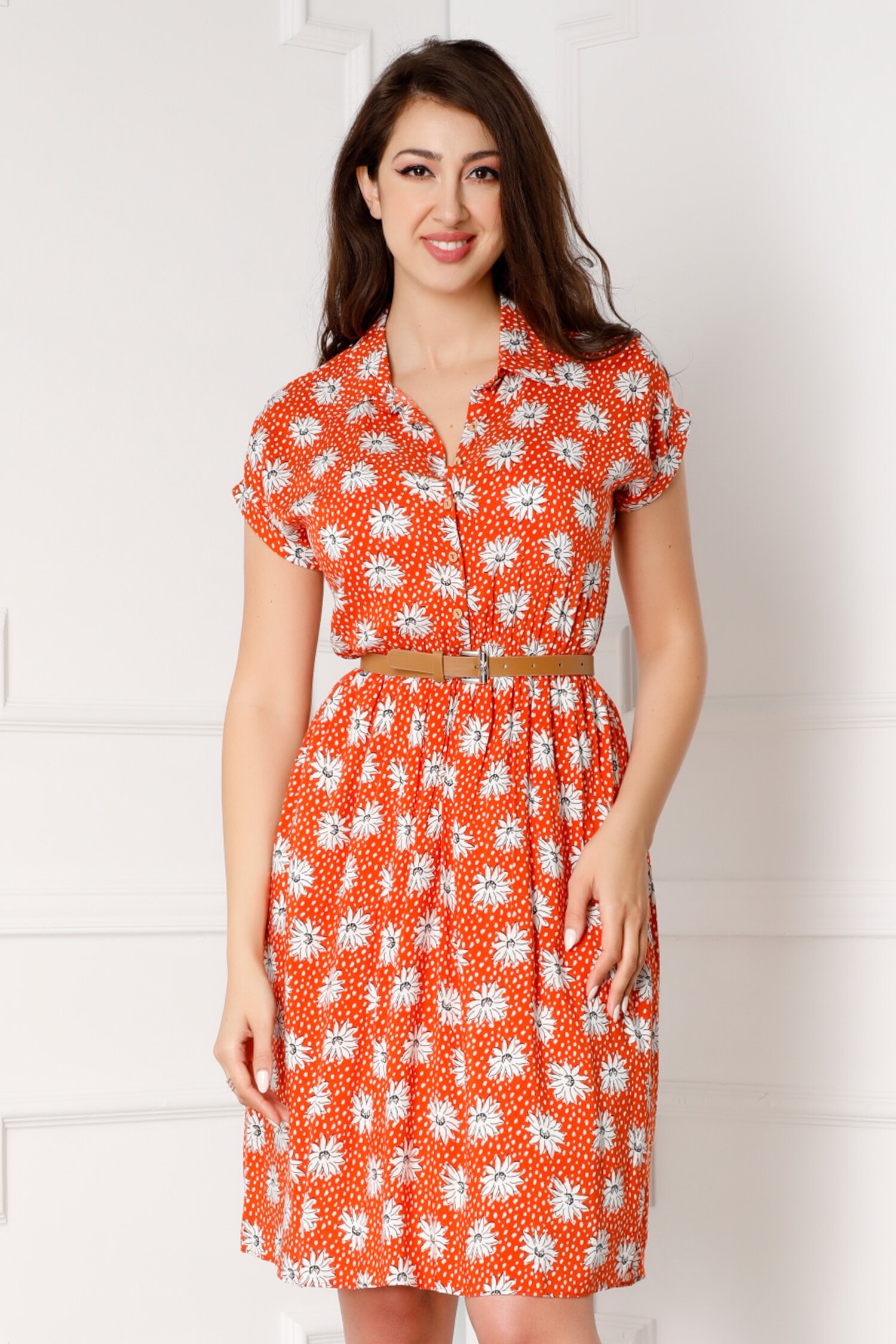 Rochie Daisy orange cu flori si buline