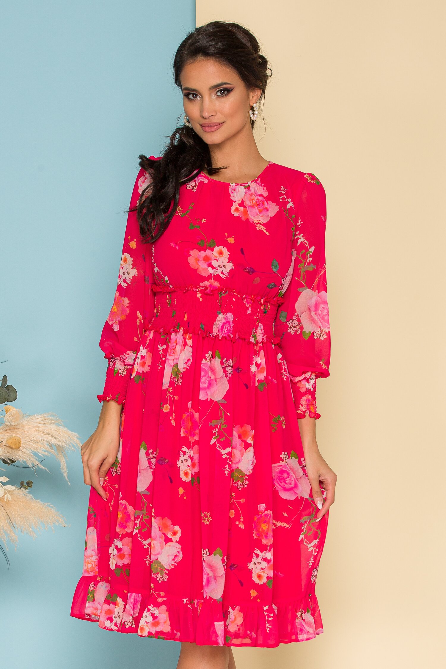 Rochie Dara rosu zmeura cu imprimeuri florale