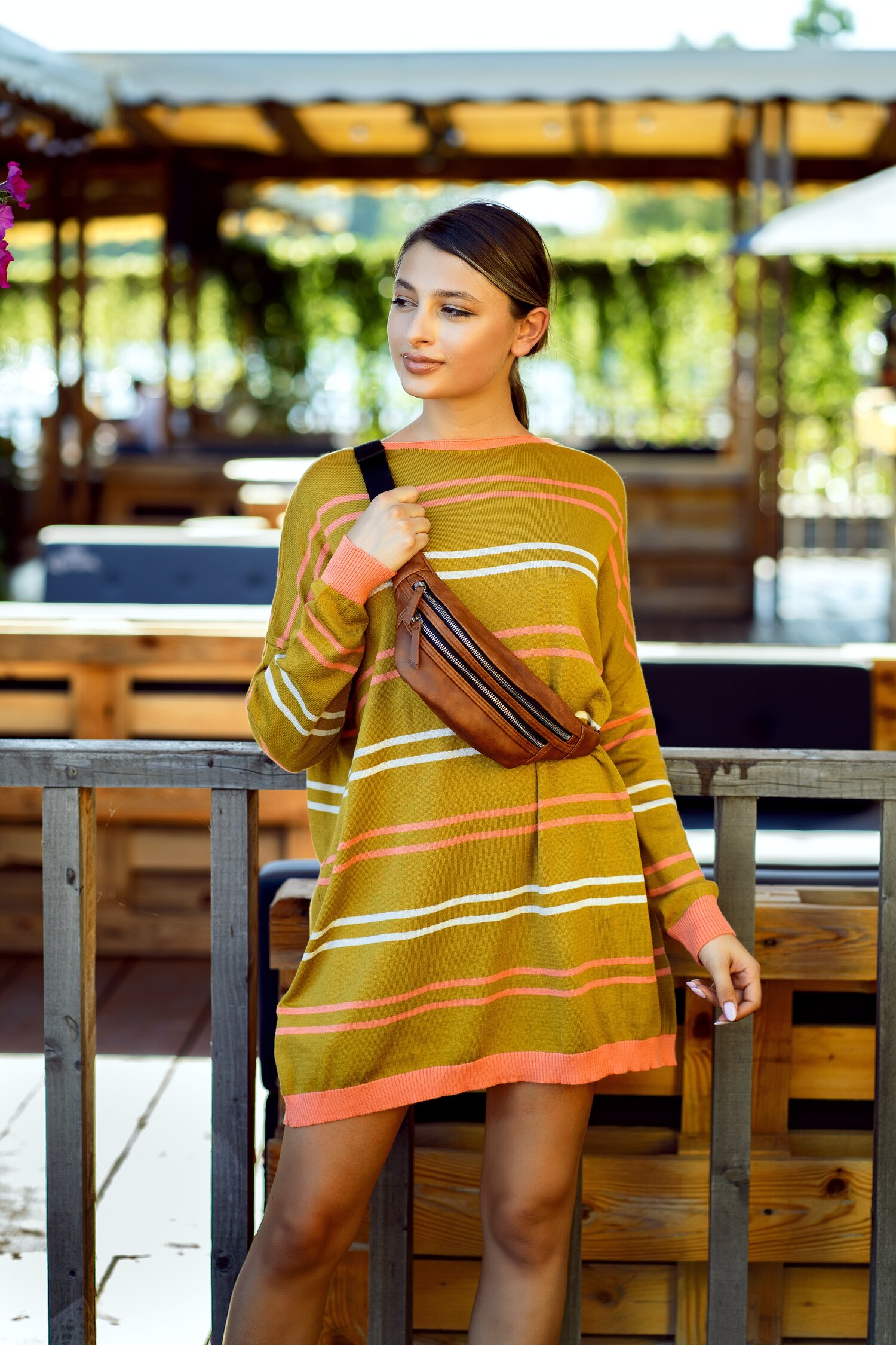 Rochie Daria casual galben mustar cu dungi